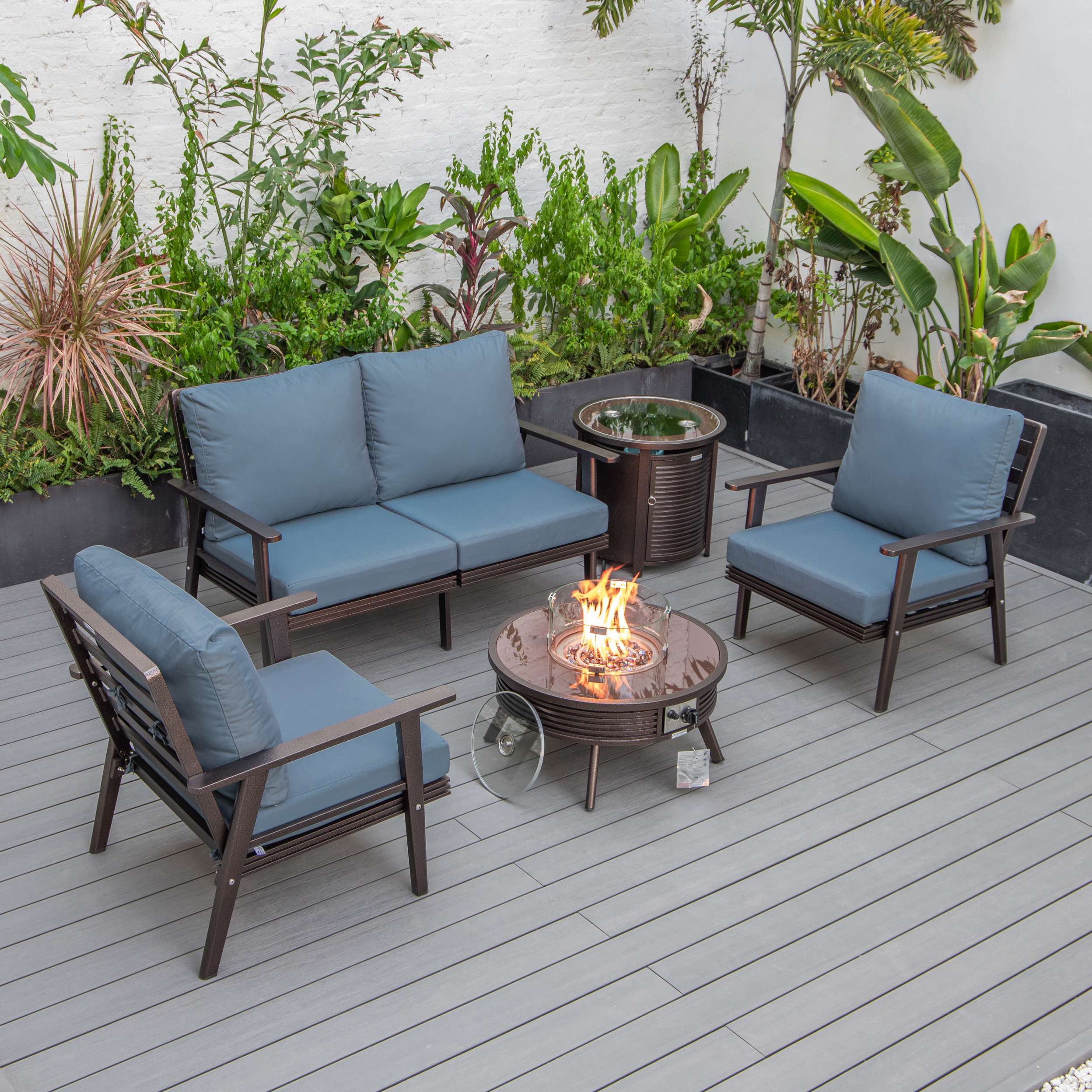 LeisureMod Walbrooke Modern Brown Patio Conversation With Round Fire Pit & Tank Holder - Image 27