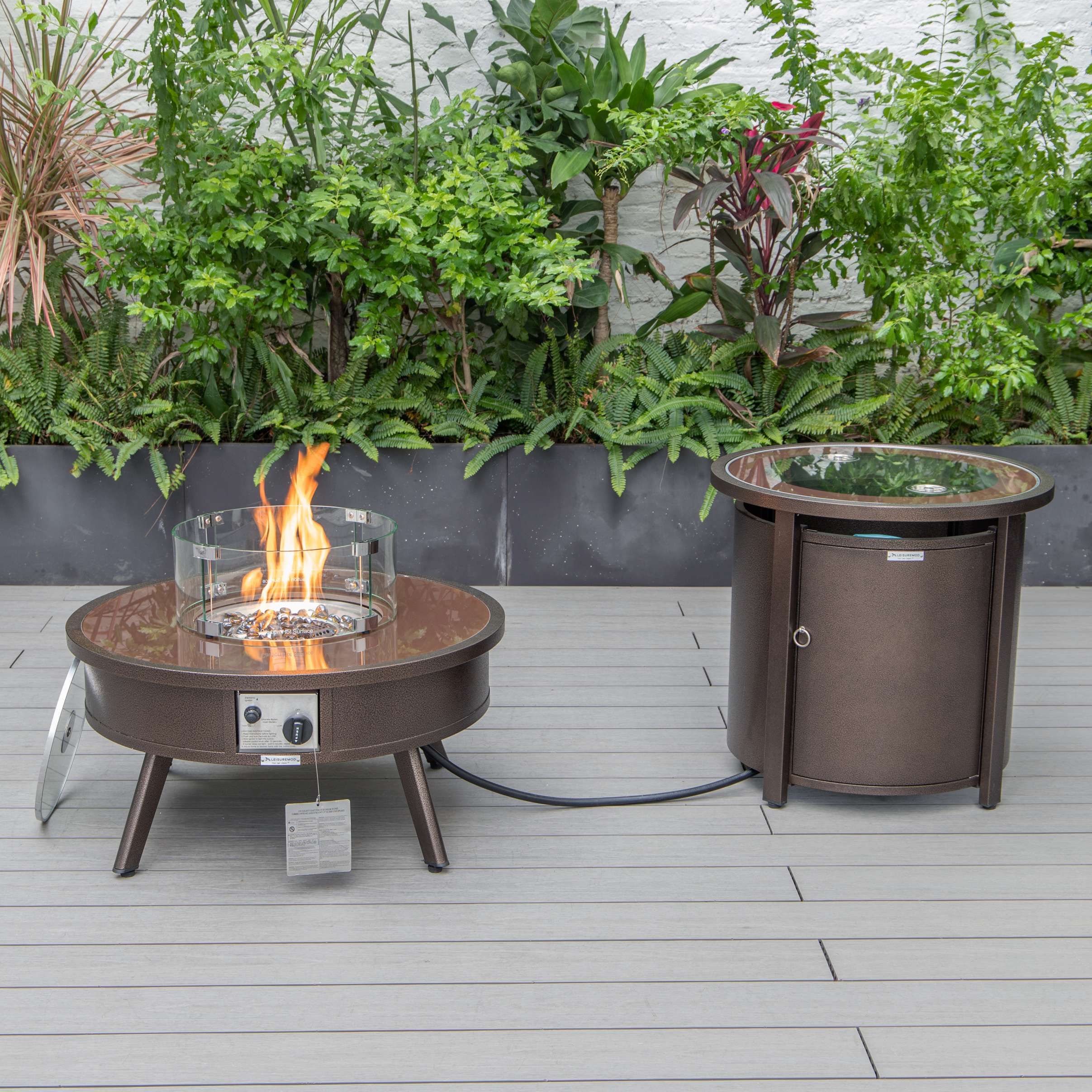 LeisureMod Walbrooke Modern Brown Patio Conversation With Round Fire Pit & Tank Holder - Image 3