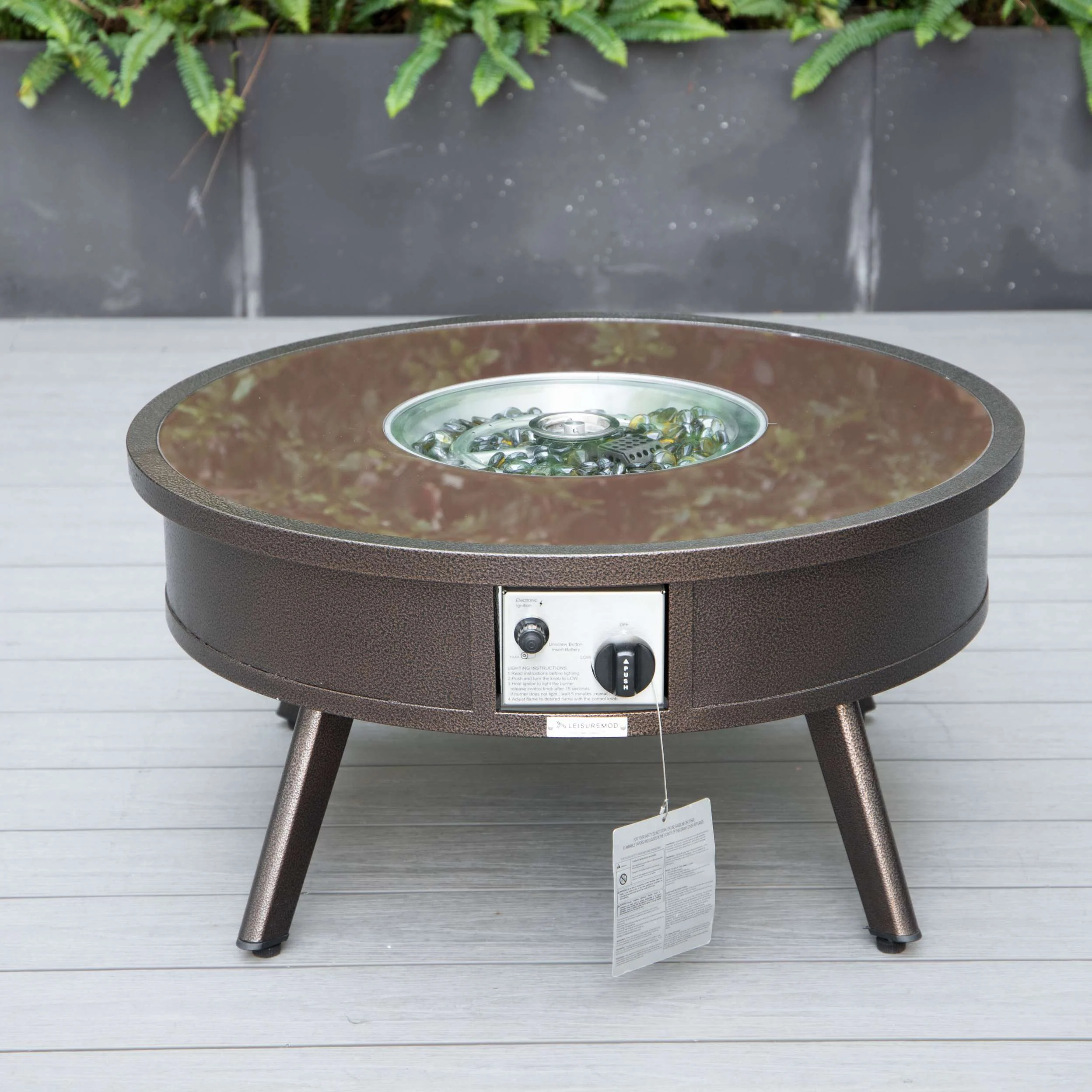 LeisureMod Walbrooke Modern Brown Patio Conversation With Round Fire Pit & Tank Holder - Image 4