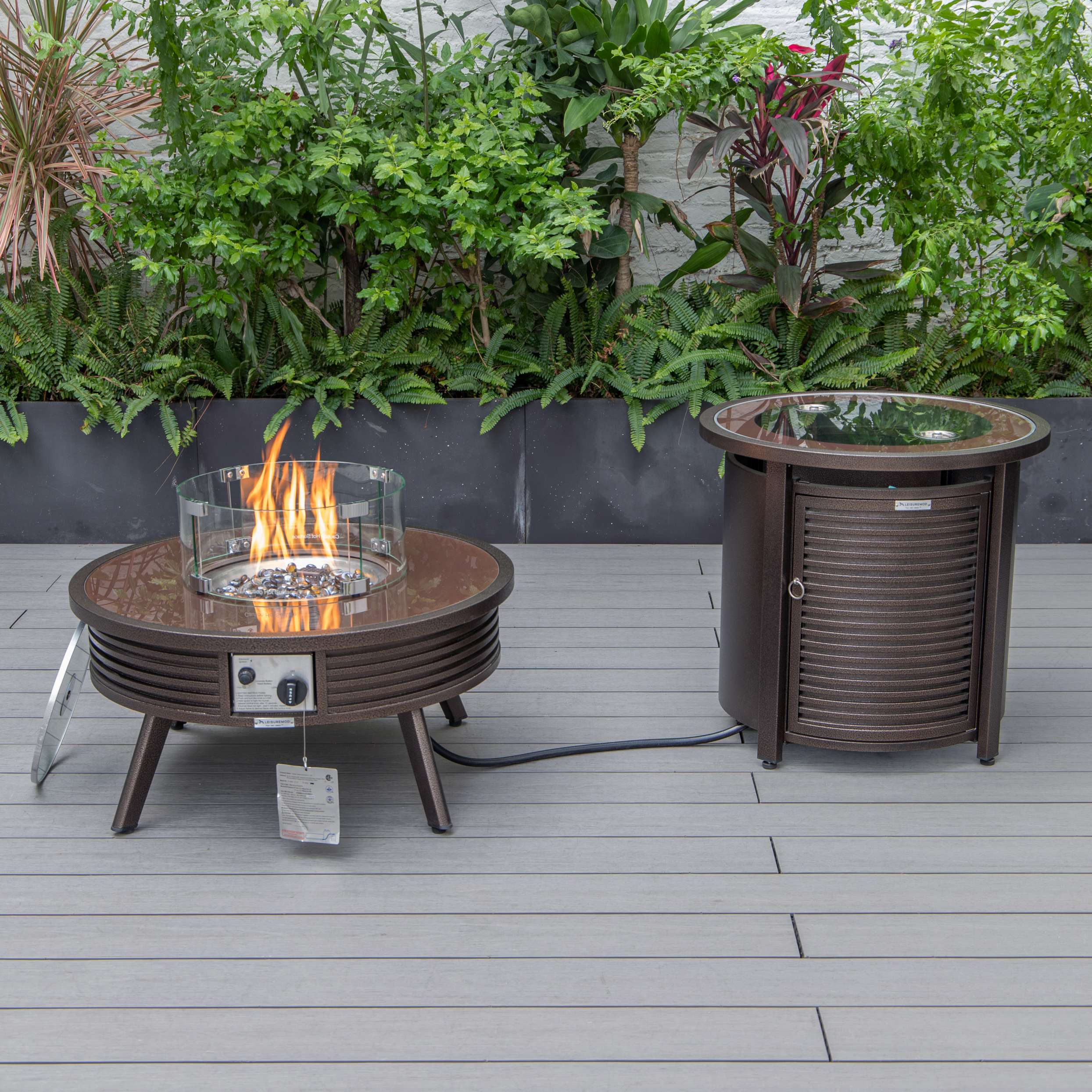 LeisureMod Walbrooke Modern Brown Patio Conversation With Round Fire Pit & Tank Holder - Image 43