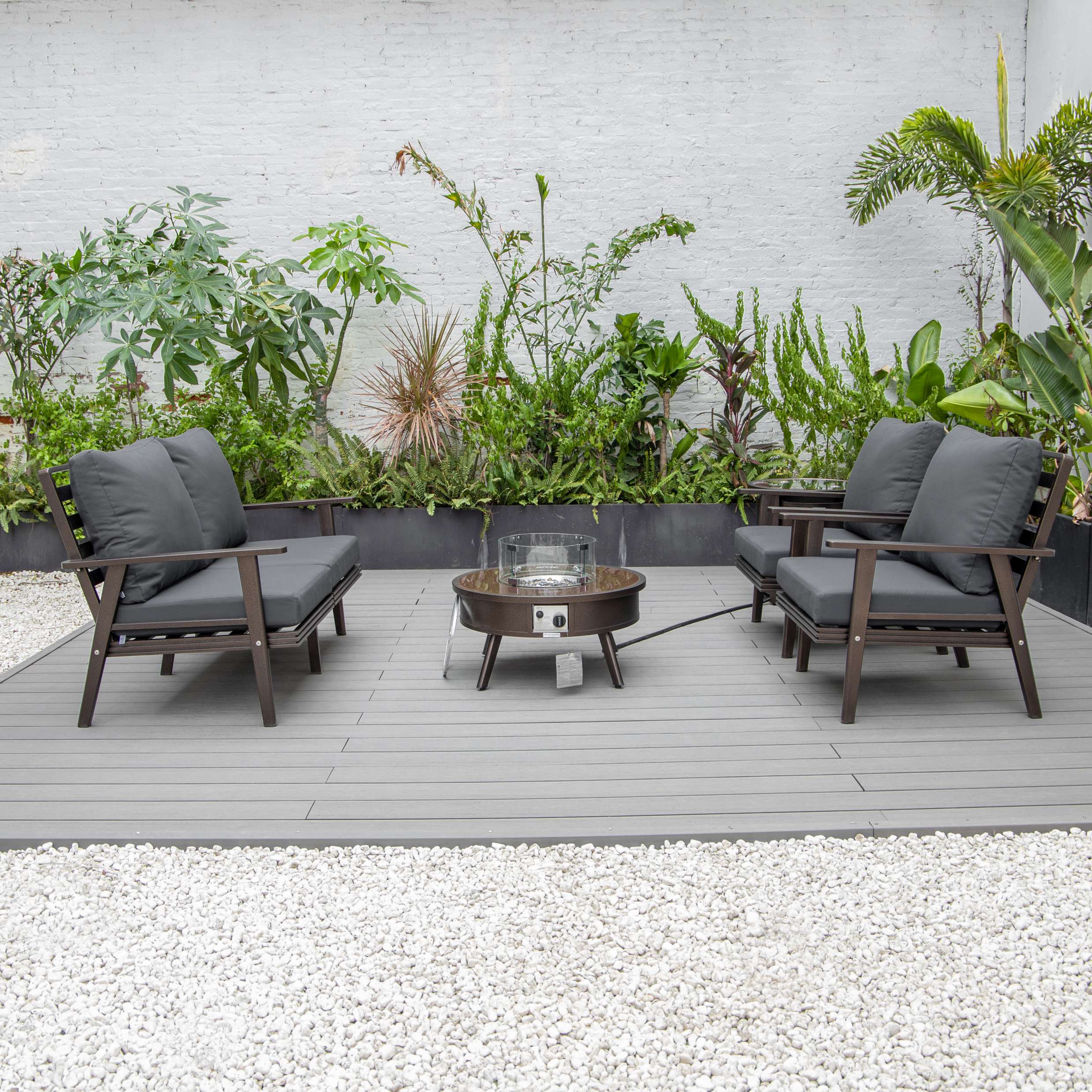LeisureMod Walbrooke Modern Brown Patio Conversation With Round Fire Pit & Tank Holder - Image 6