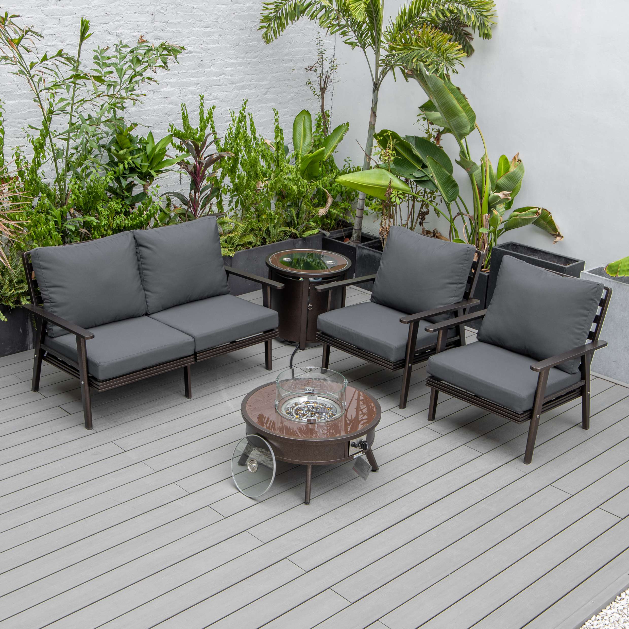 LeisureMod Walbrooke Modern Brown Patio Conversation With Round Fire Pit & Tank Holder - Image 7