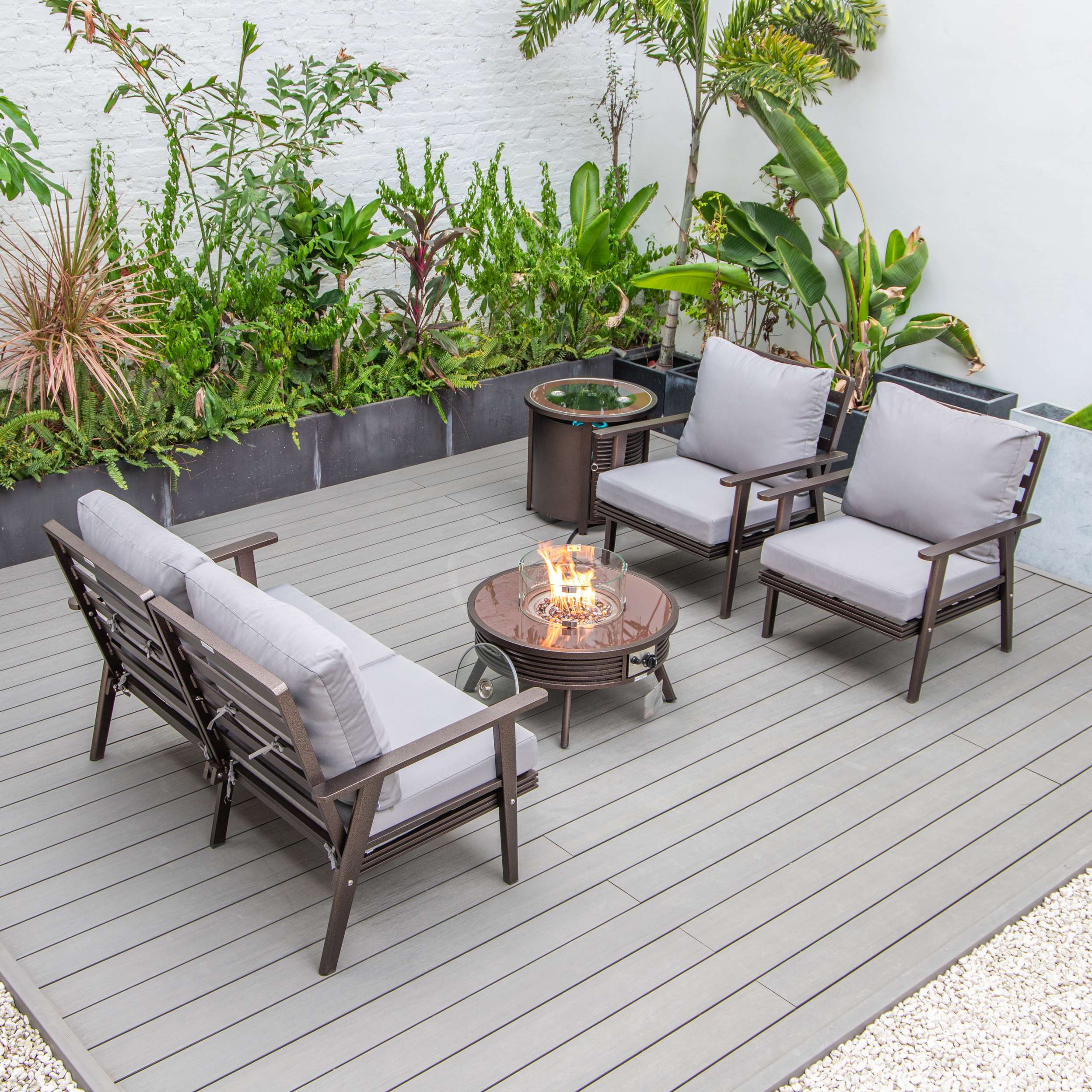 LeisureMod Walbrooke Modern Brown Patio Conversation With Round Fire Pit & Tank Holder - Image 78