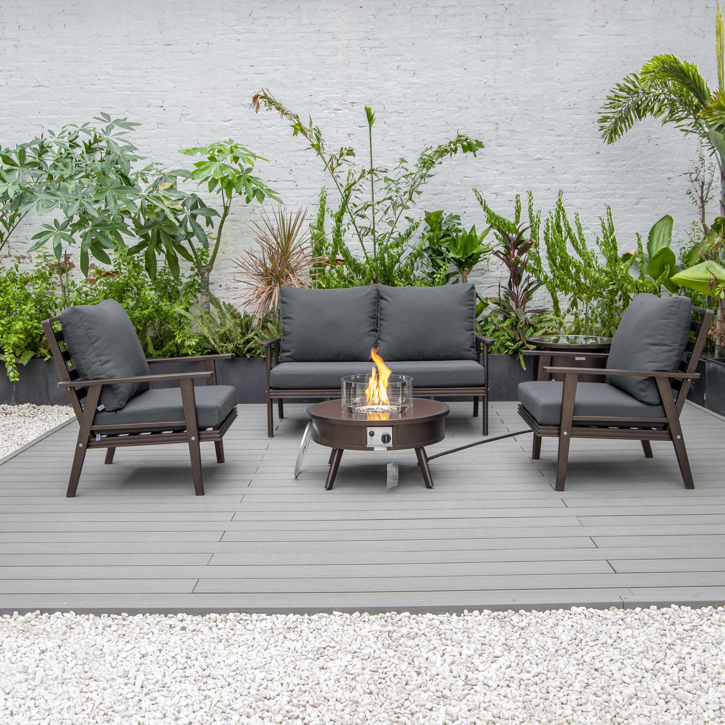 LeisureMod Walbrooke Modern Brown Patio Conversation With Round Fire Pit & Tank Holder - Image 8