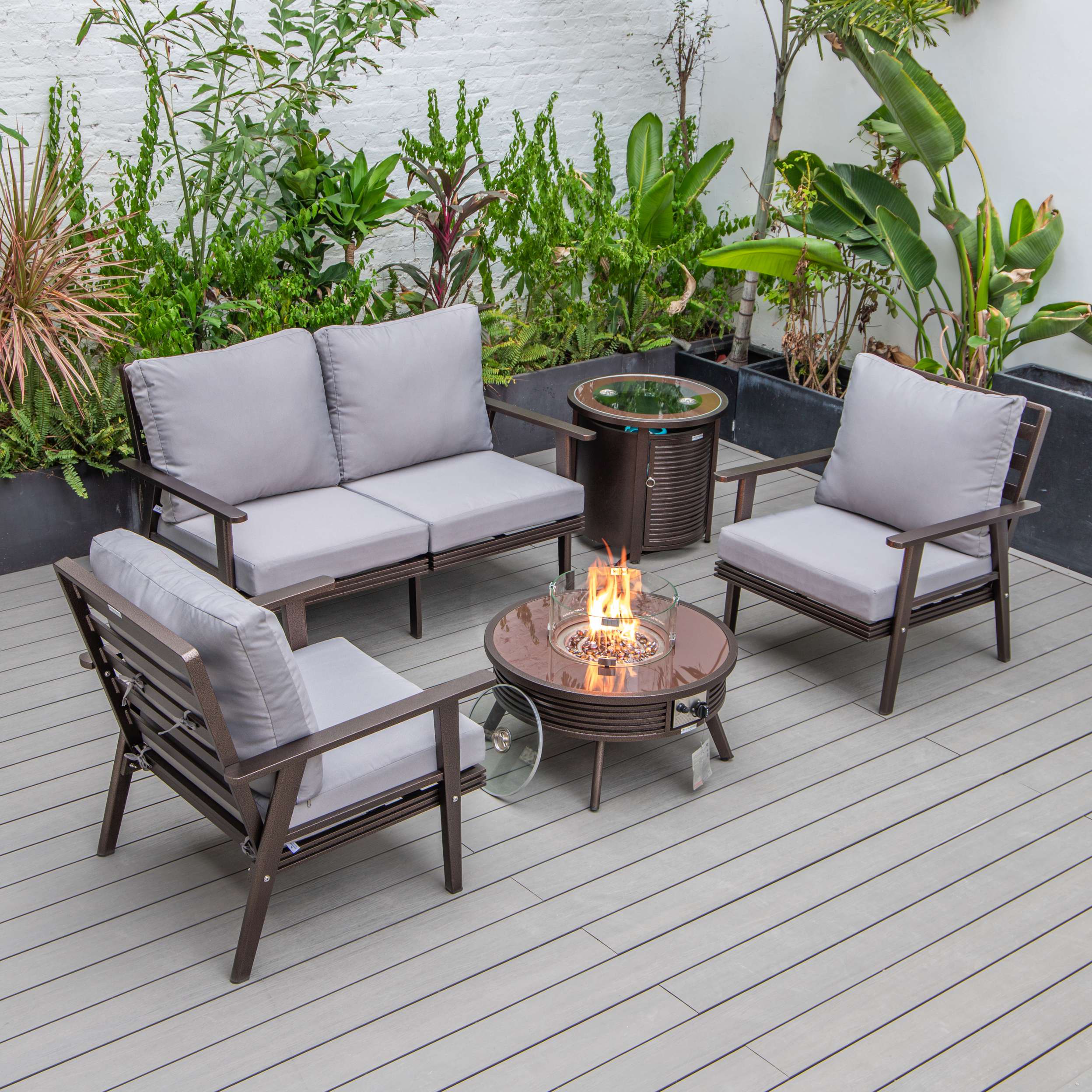 LeisureMod Walbrooke Modern Brown Patio Conversation With Round Fire Pit & Tank Holder - Image 80