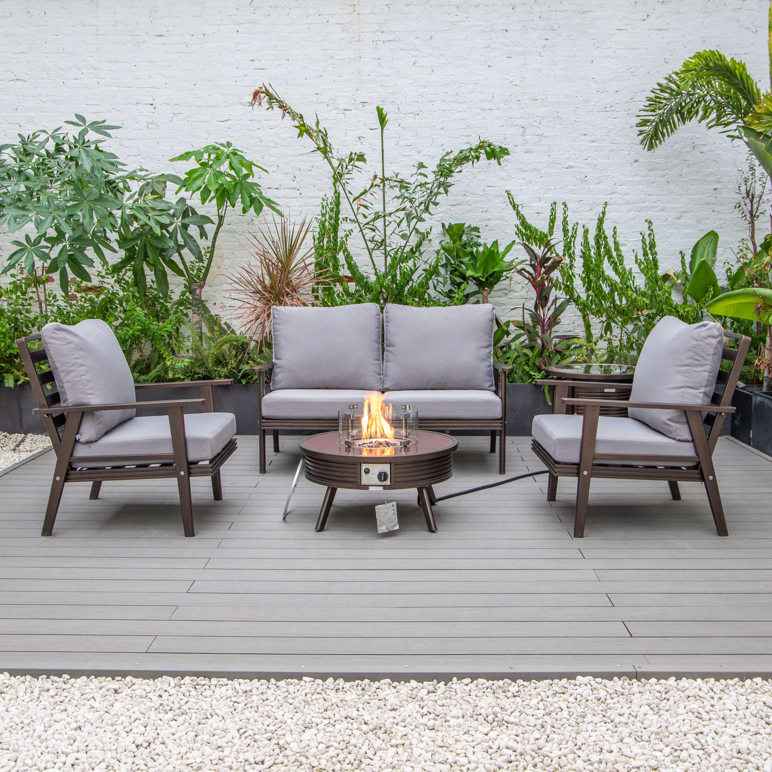 LeisureMod Walbrooke Modern Brown Patio Conversation With Round Fire Pit & Tank Holder - Image 81