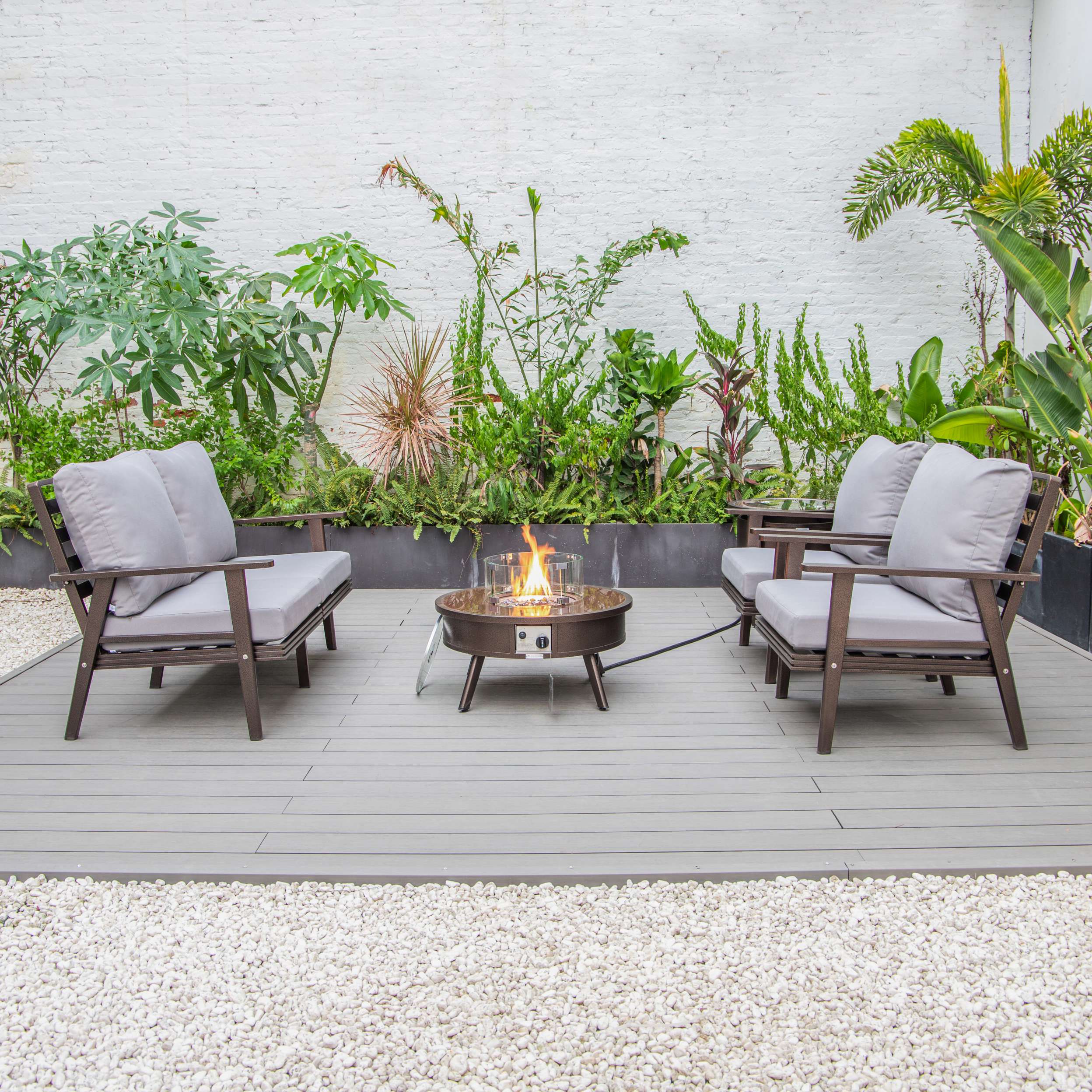 LeisureMod Walbrooke Modern Brown Patio Conversation With Round Fire Pit & Tank Holder - Image 82