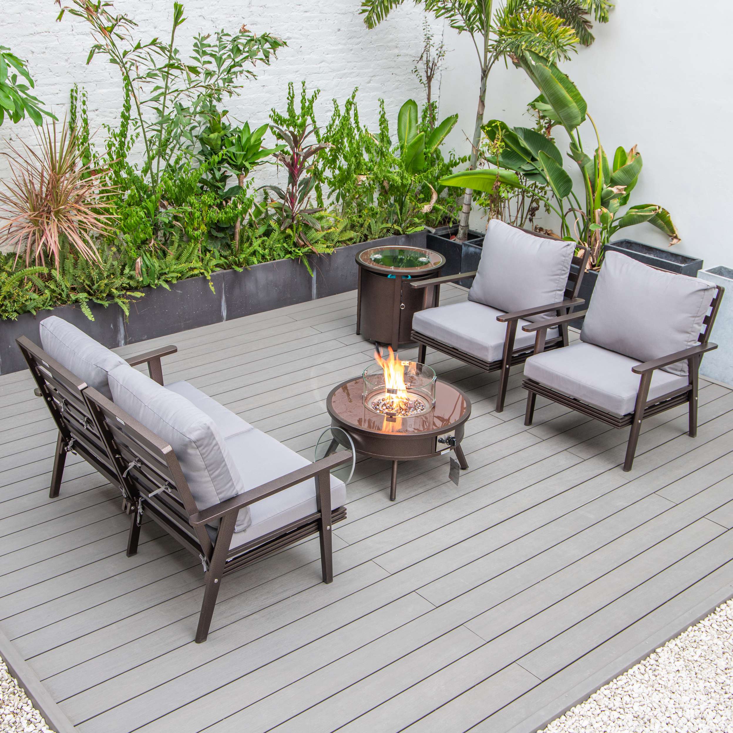 LeisureMod Walbrooke Modern Brown Patio Conversation With Round Fire Pit & Tank Holder - Image 83