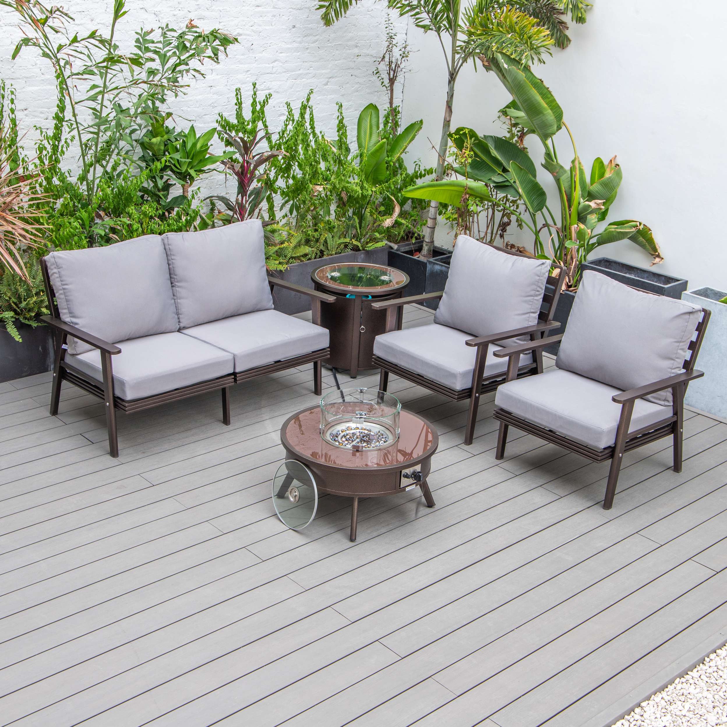 LeisureMod Walbrooke Modern Brown Patio Conversation With Round Fire Pit & Tank Holder - Image 84