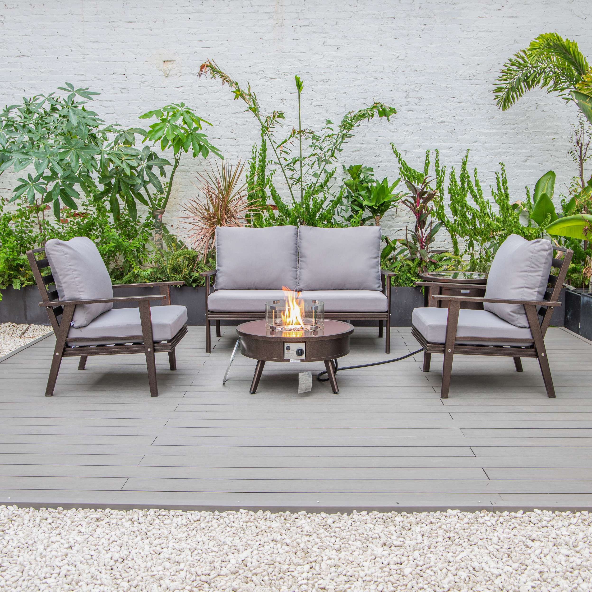 LeisureMod Walbrooke Modern Brown Patio Conversation With Round Fire Pit & Tank Holder - Image 85