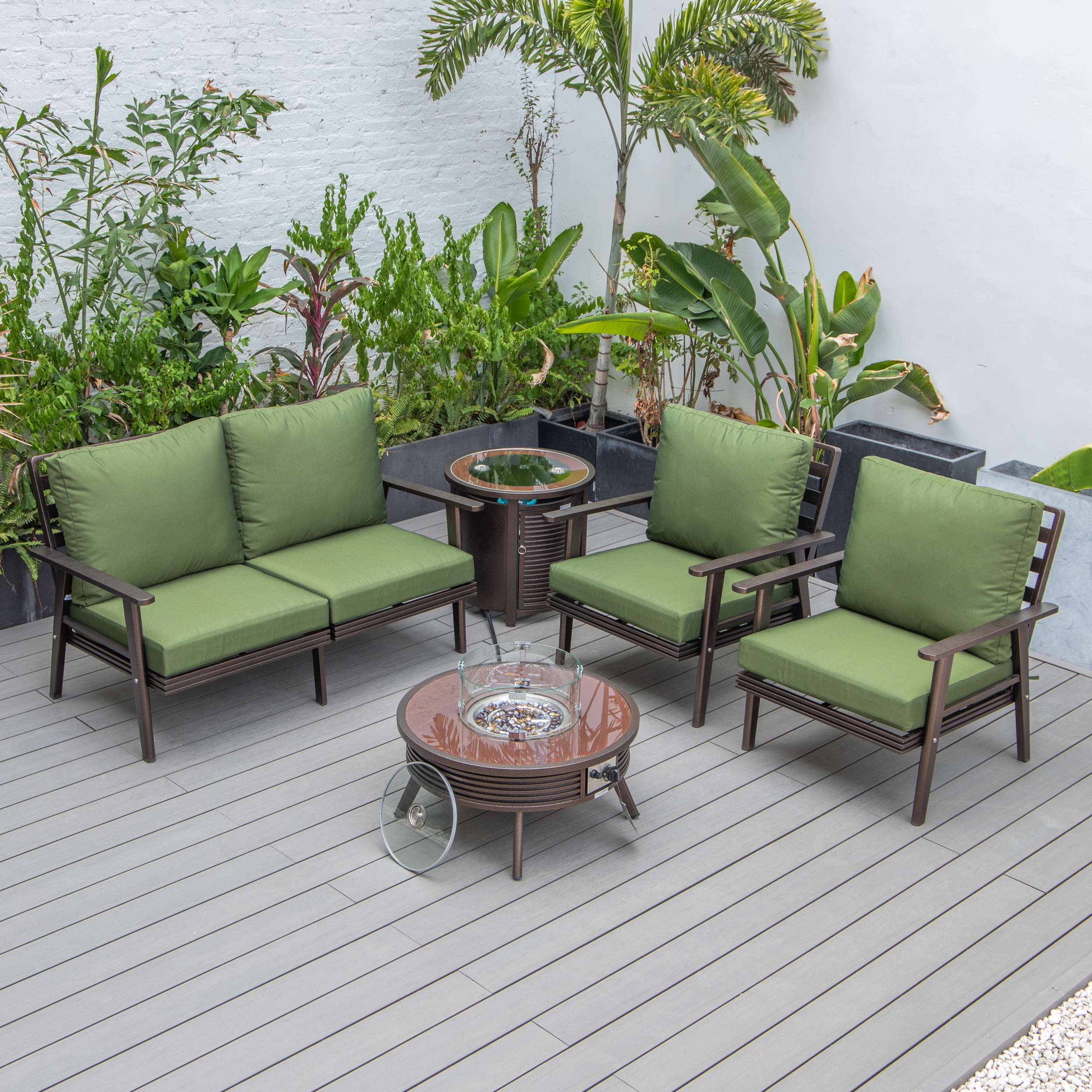 LeisureMod Walbrooke Modern Brown Patio Conversation With Round Fire Pit & Tank Holder - Image 88