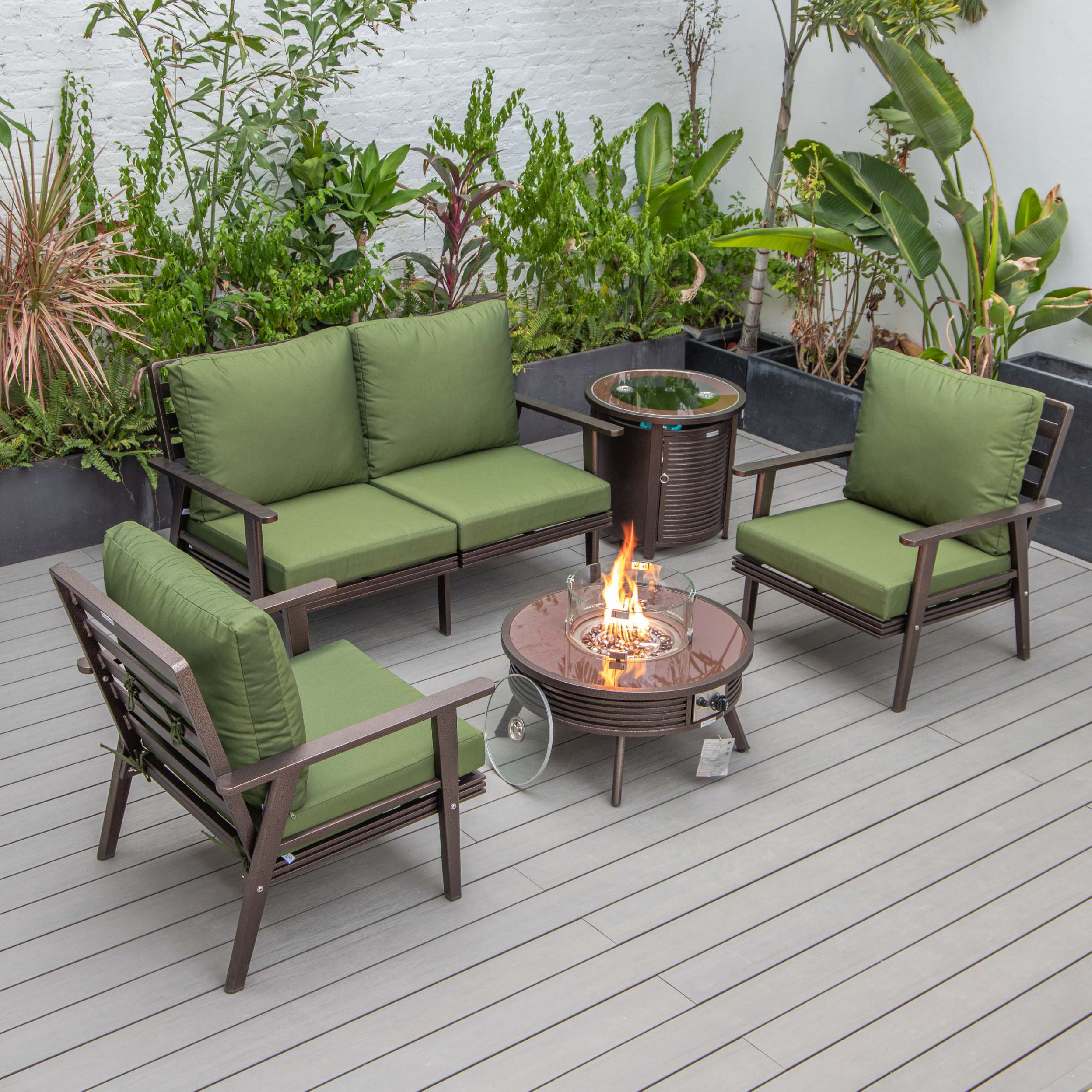 LeisureMod Walbrooke Modern Brown Patio Conversation With Round Fire Pit & Tank Holder - Image 89