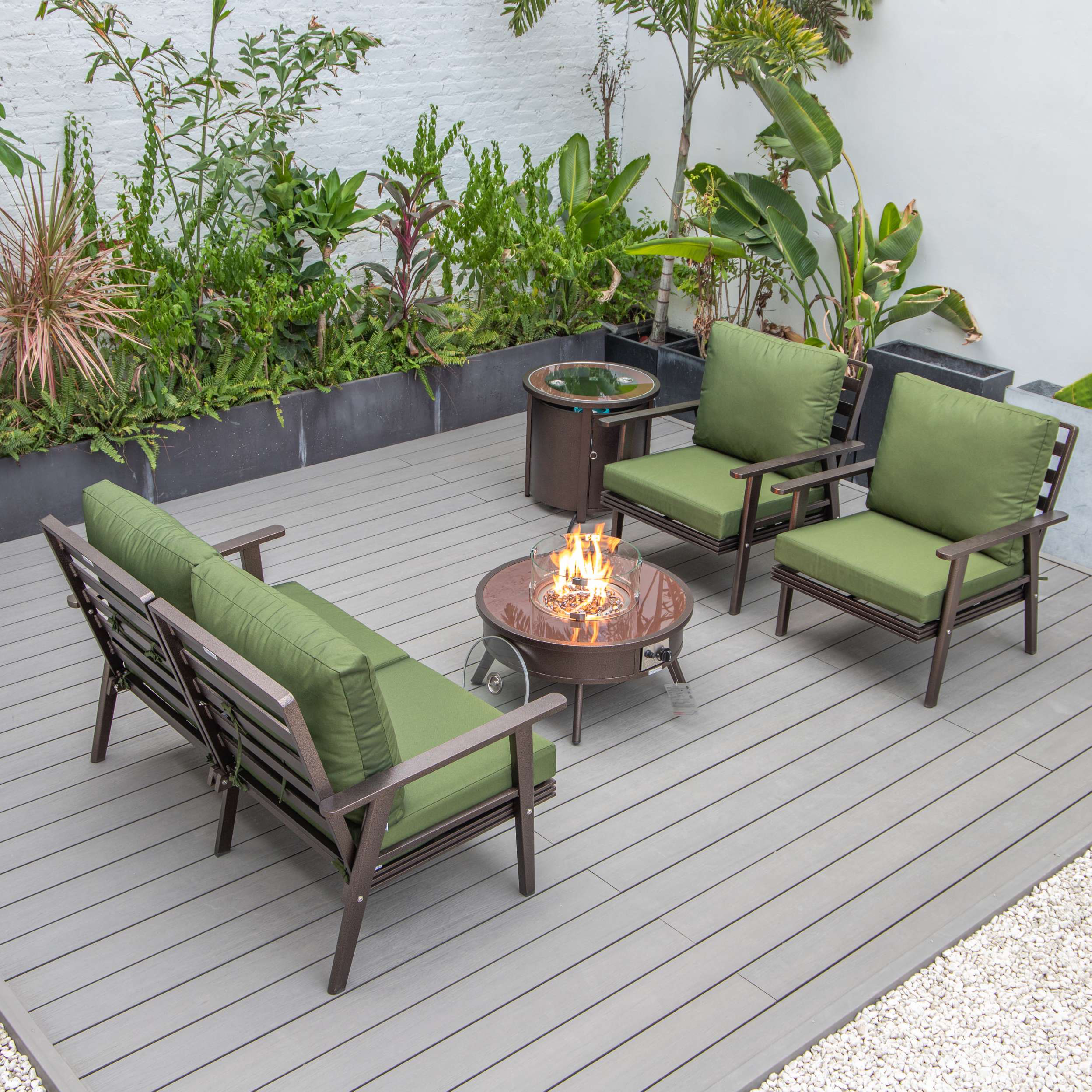 LeisureMod Walbrooke Modern Brown Patio Conversation With Round Fire Pit & Tank Holder - Image 91