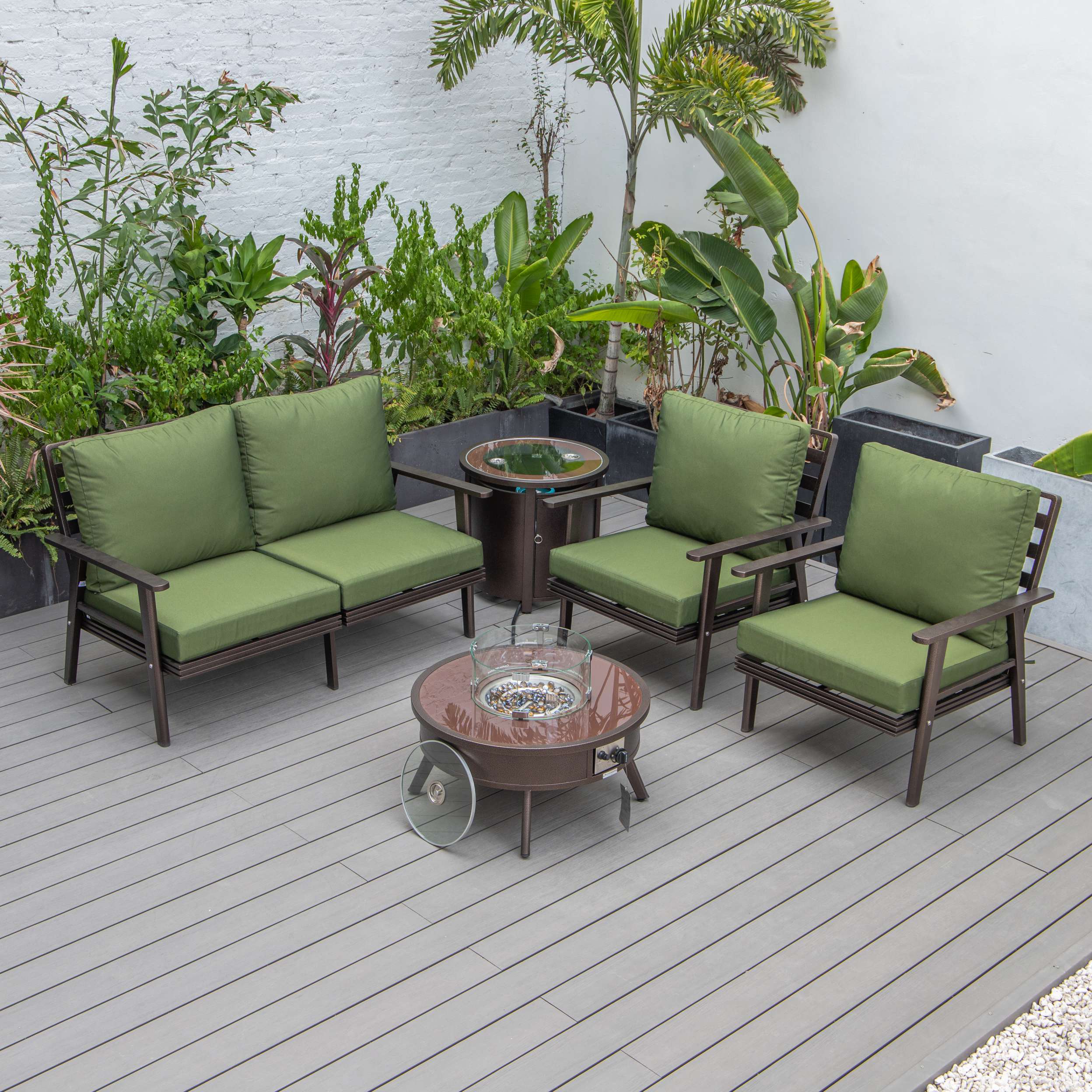 LeisureMod Walbrooke Modern Brown Patio Conversation With Round Fire Pit & Tank Holder - Image 93