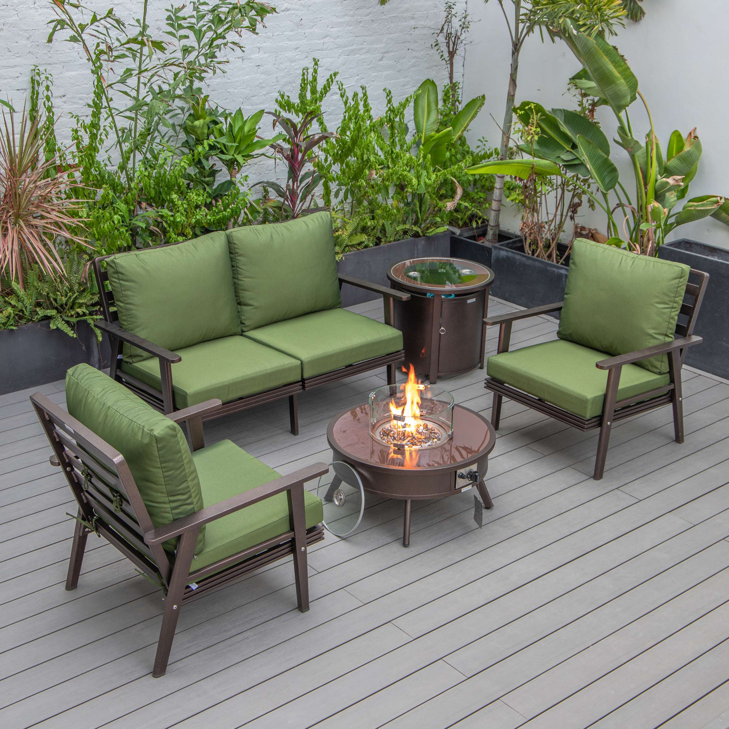 LeisureMod Walbrooke Modern Brown Patio Conversation With Round Fire Pit & Tank Holder - Image 94