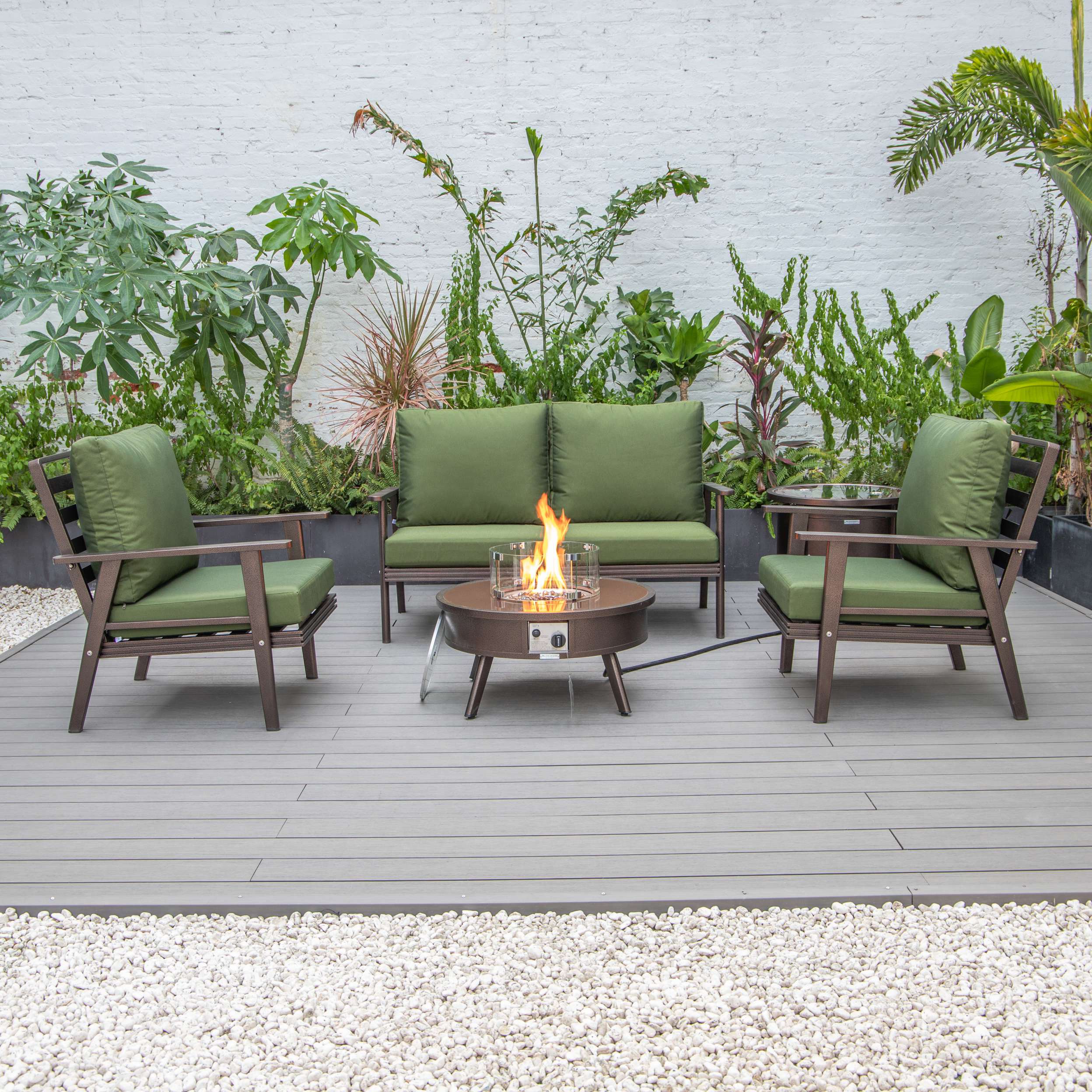 LeisureMod Walbrooke Modern Brown Patio Conversation With Round Fire Pit & Tank Holder - Image 95