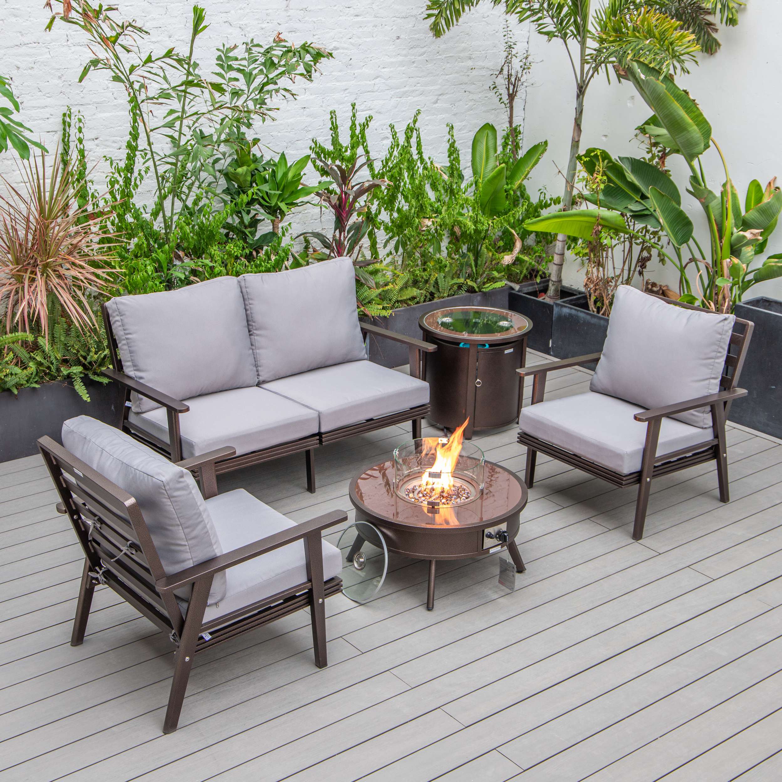 LeisureMod Walbrooke Modern Brown Patio Conversation With Round Fire Pit & Tank Holder - Image 96
