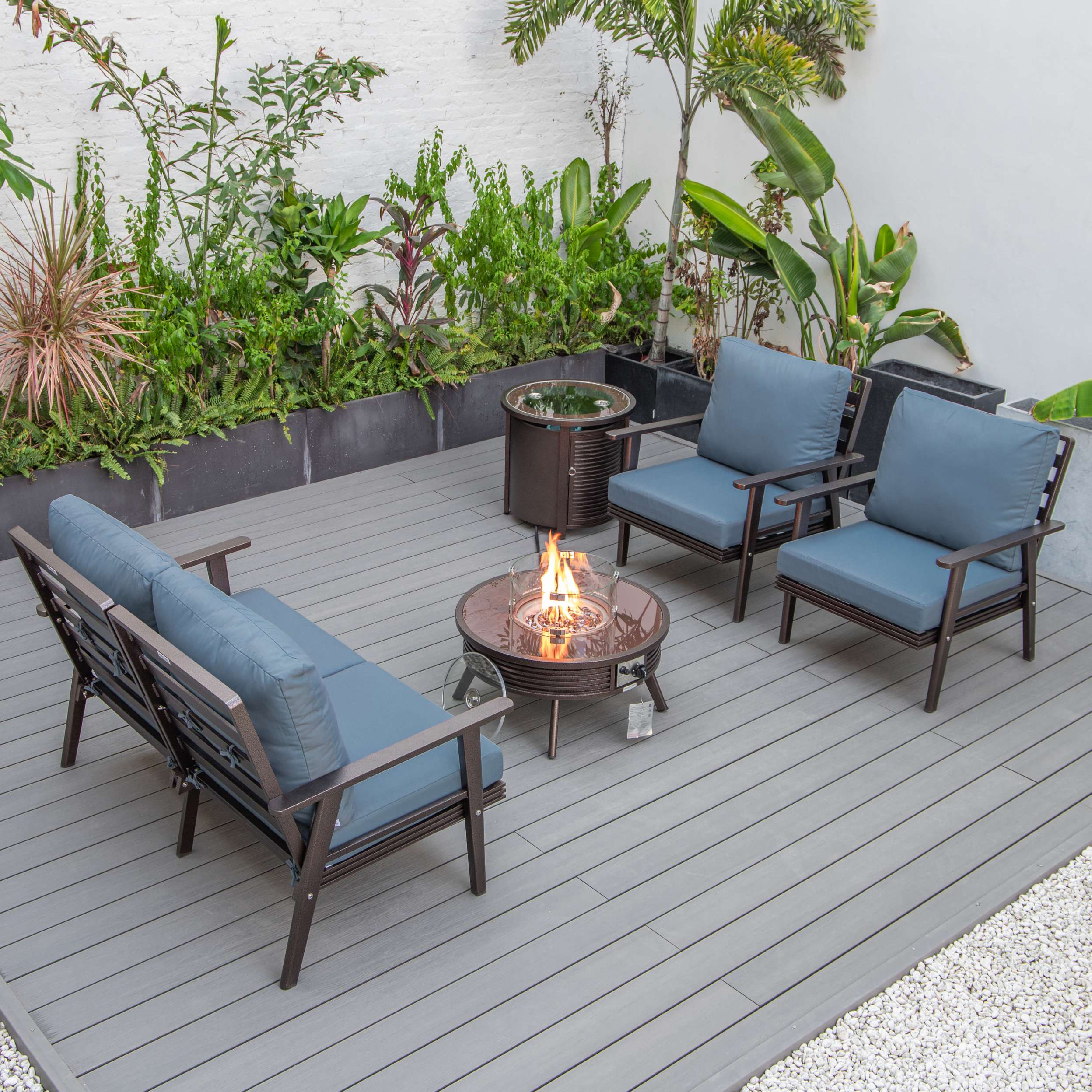 LeisureMod Walbrooke Modern Brown Patio Conversation With Round Fire Pit With Slats Design & Tank Holder - Image 11