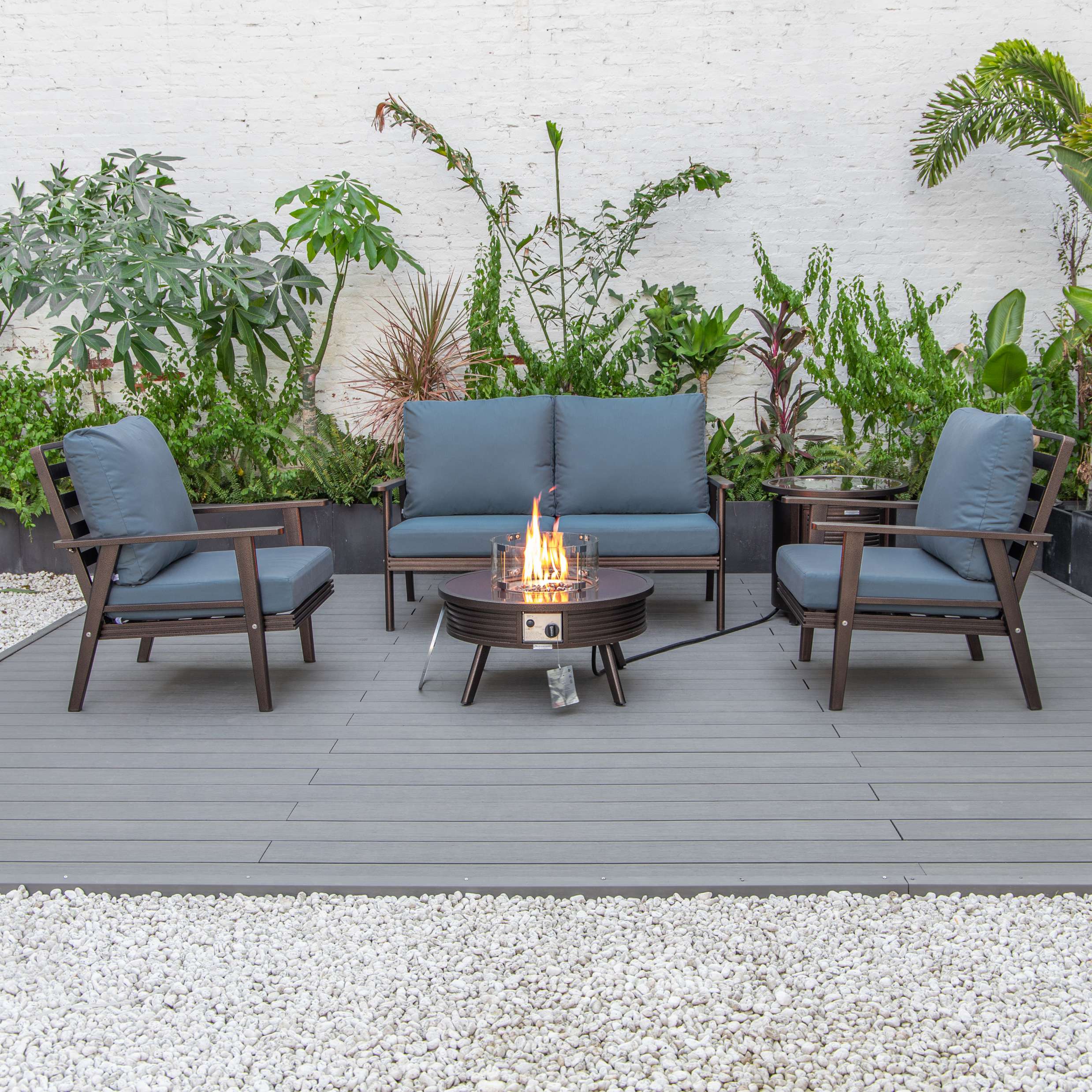 LeisureMod Walbrooke Modern Brown Patio Conversation With Round Fire Pit With Slats Design & Tank Holder - Image 15
