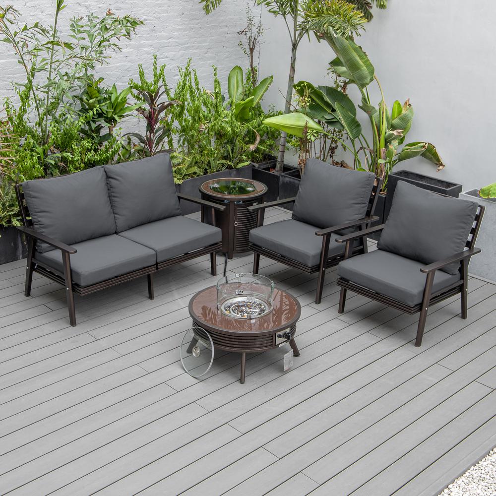 LeisureMod Walbrooke Modern Brown Patio Conversation With Round Fire Pit With Slats Design & Tank Holder - Image 2