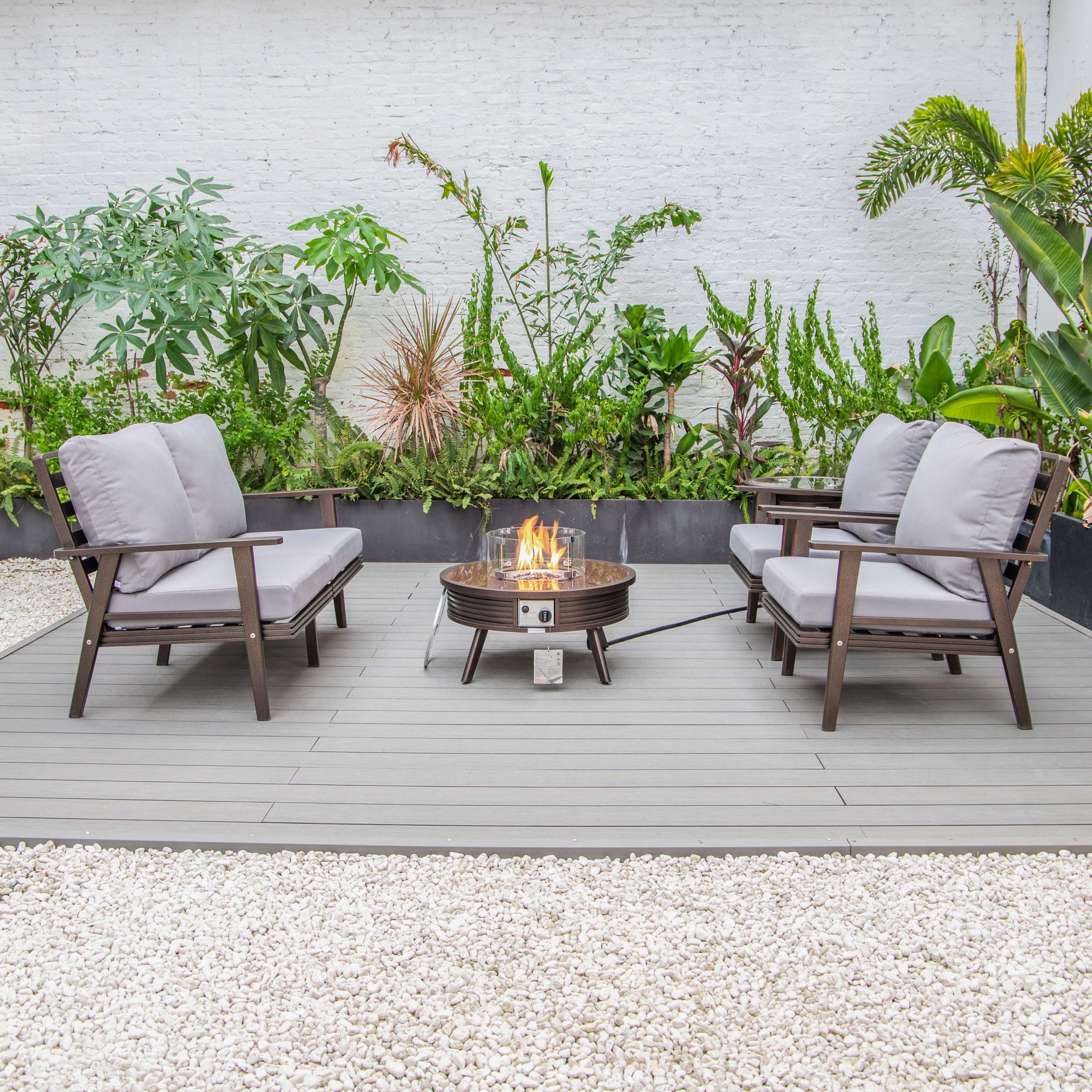 LeisureMod Walbrooke Modern Brown Patio Conversation With Round Fire Pit With Slats Design & Tank Holder - Image 31