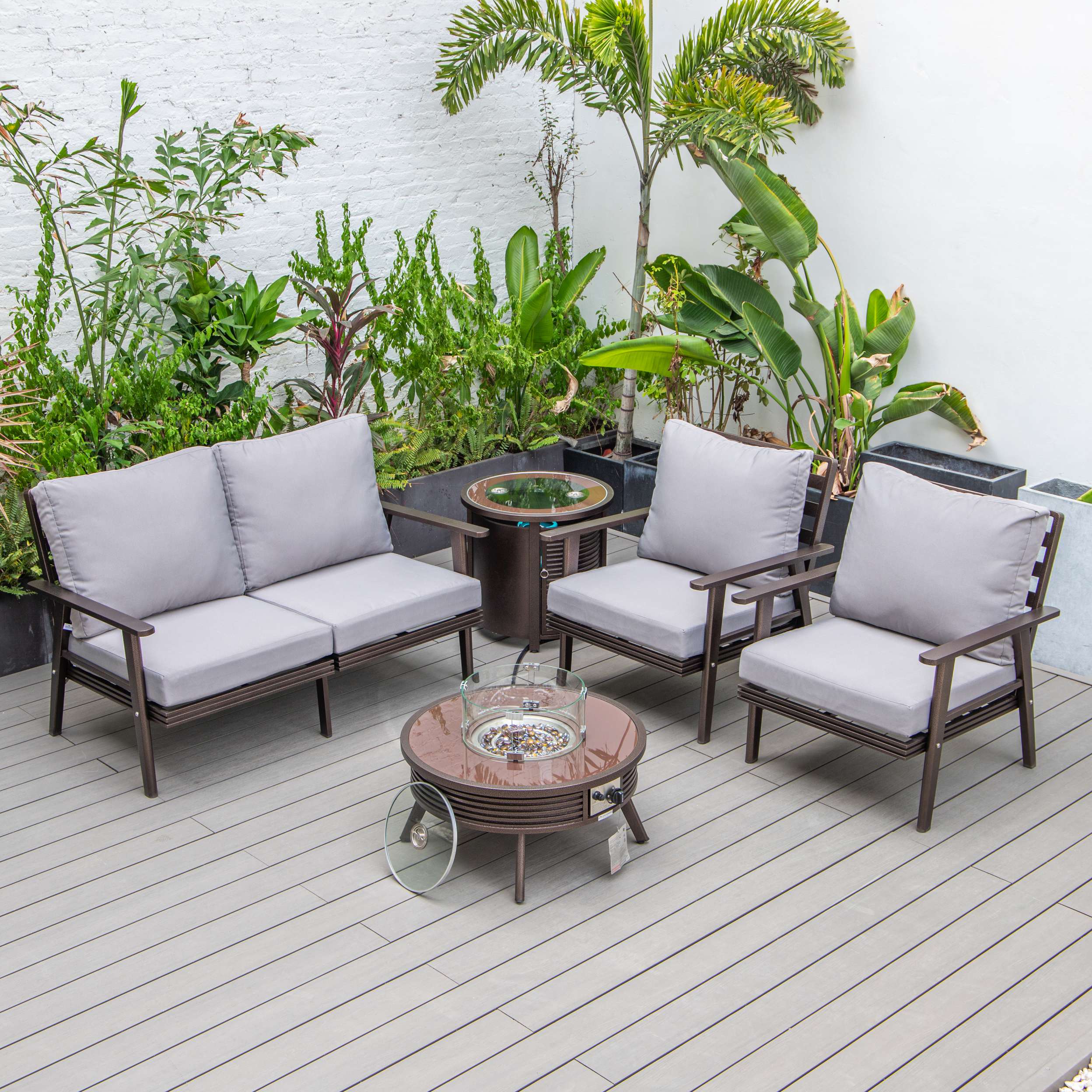 LeisureMod Walbrooke Modern Brown Patio Conversation With Round Fire Pit With Slats Design & Tank Holder - Image 33