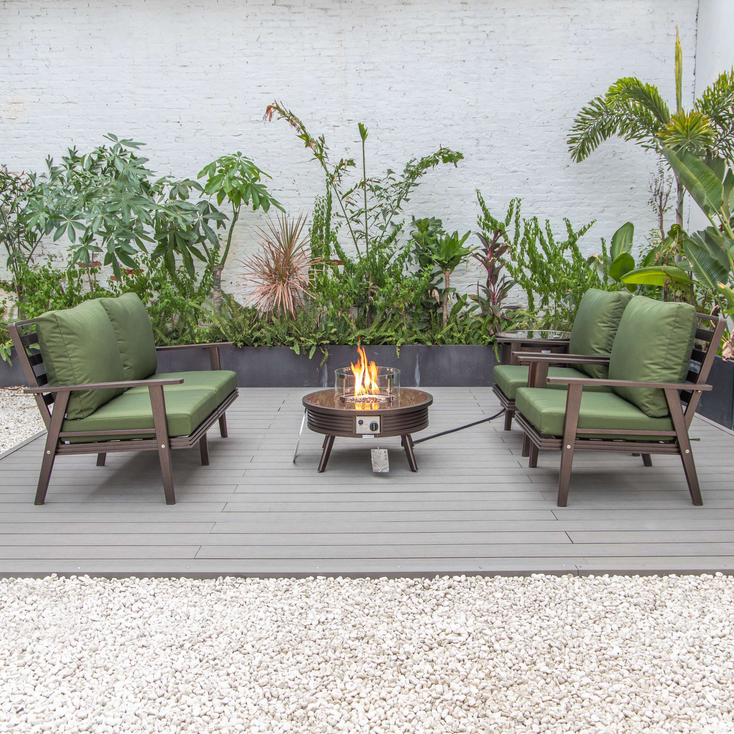 LeisureMod Walbrooke Modern Brown Patio Conversation With Round Fire Pit With Slats Design & Tank Holder - Image 36