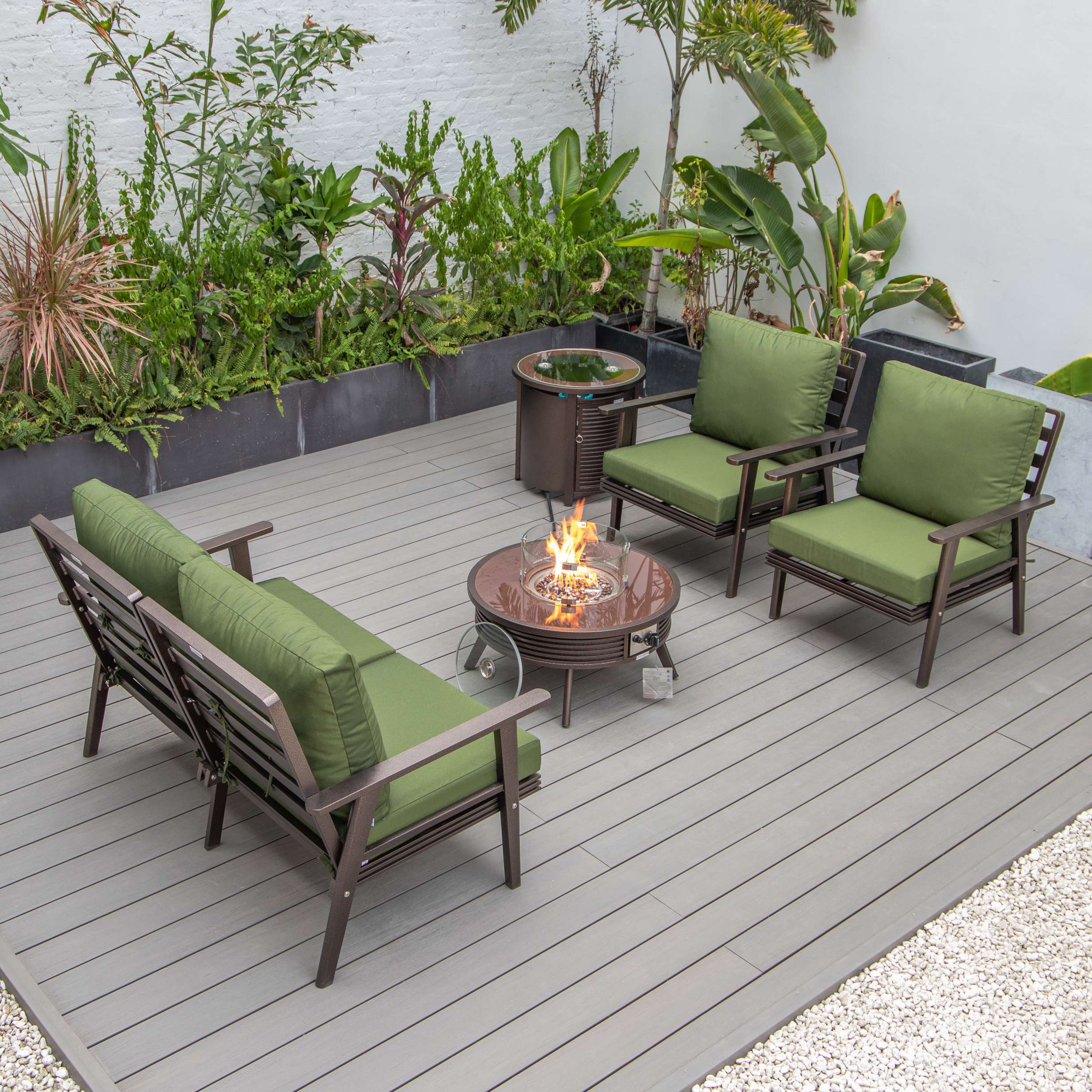 LeisureMod Walbrooke Modern Brown Patio Conversation With Round Fire Pit With Slats Design & Tank Holder - Image 37