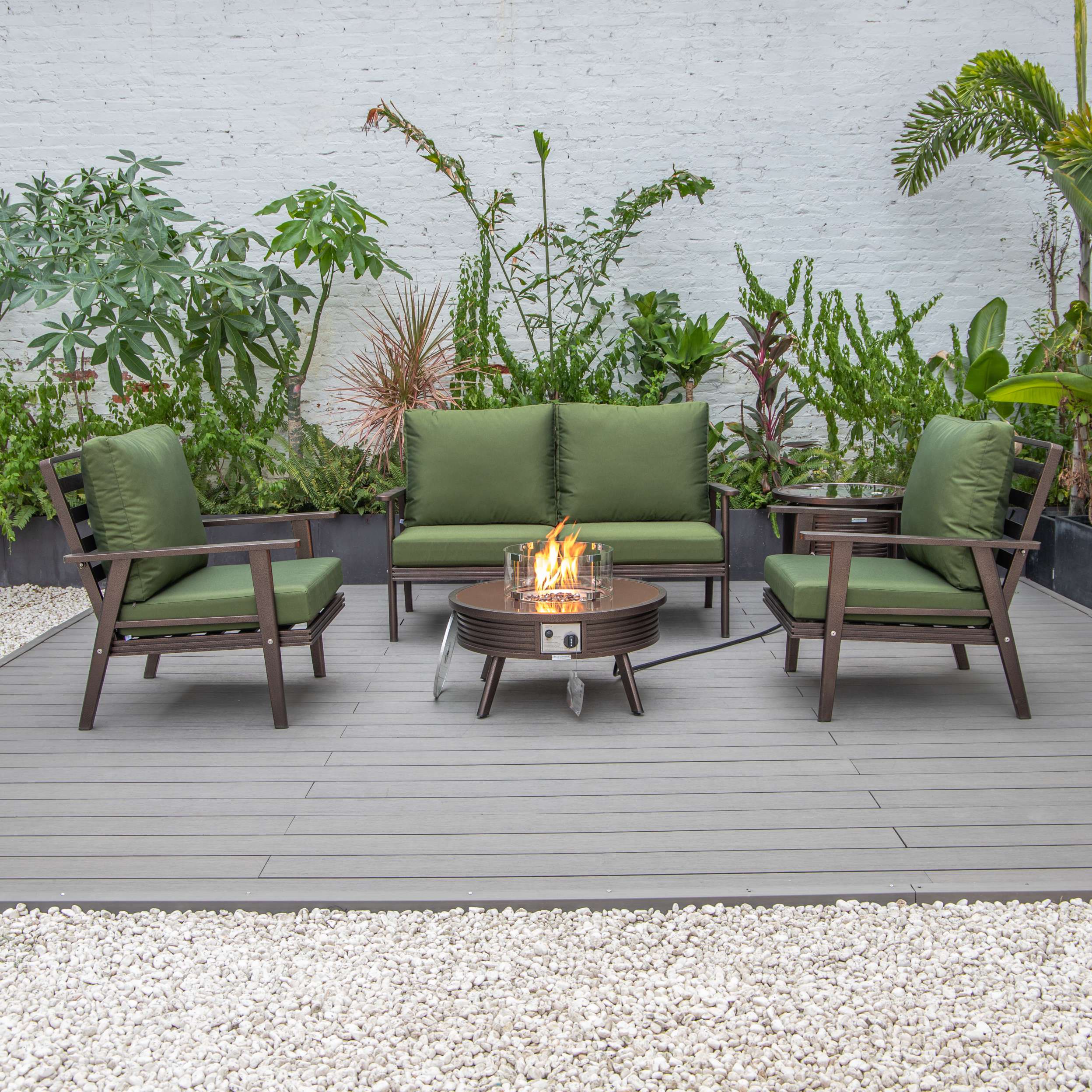 LeisureMod Walbrooke Modern Brown Patio Conversation With Round Fire Pit With Slats Design & Tank Holder - Image 40