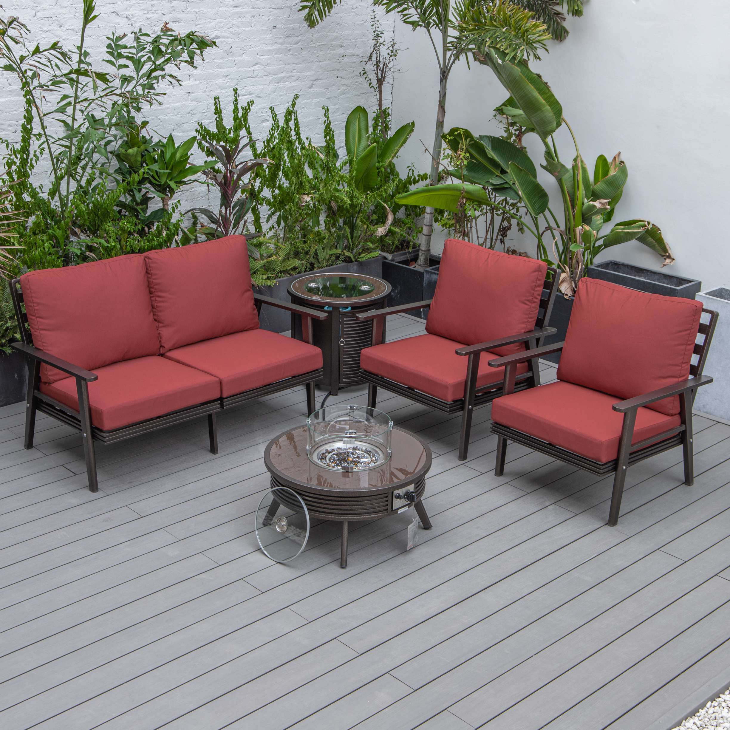 LeisureMod Walbrooke Modern Brown Patio Conversation With Round Fire Pit With Slats Design & Tank Holder - Image 43