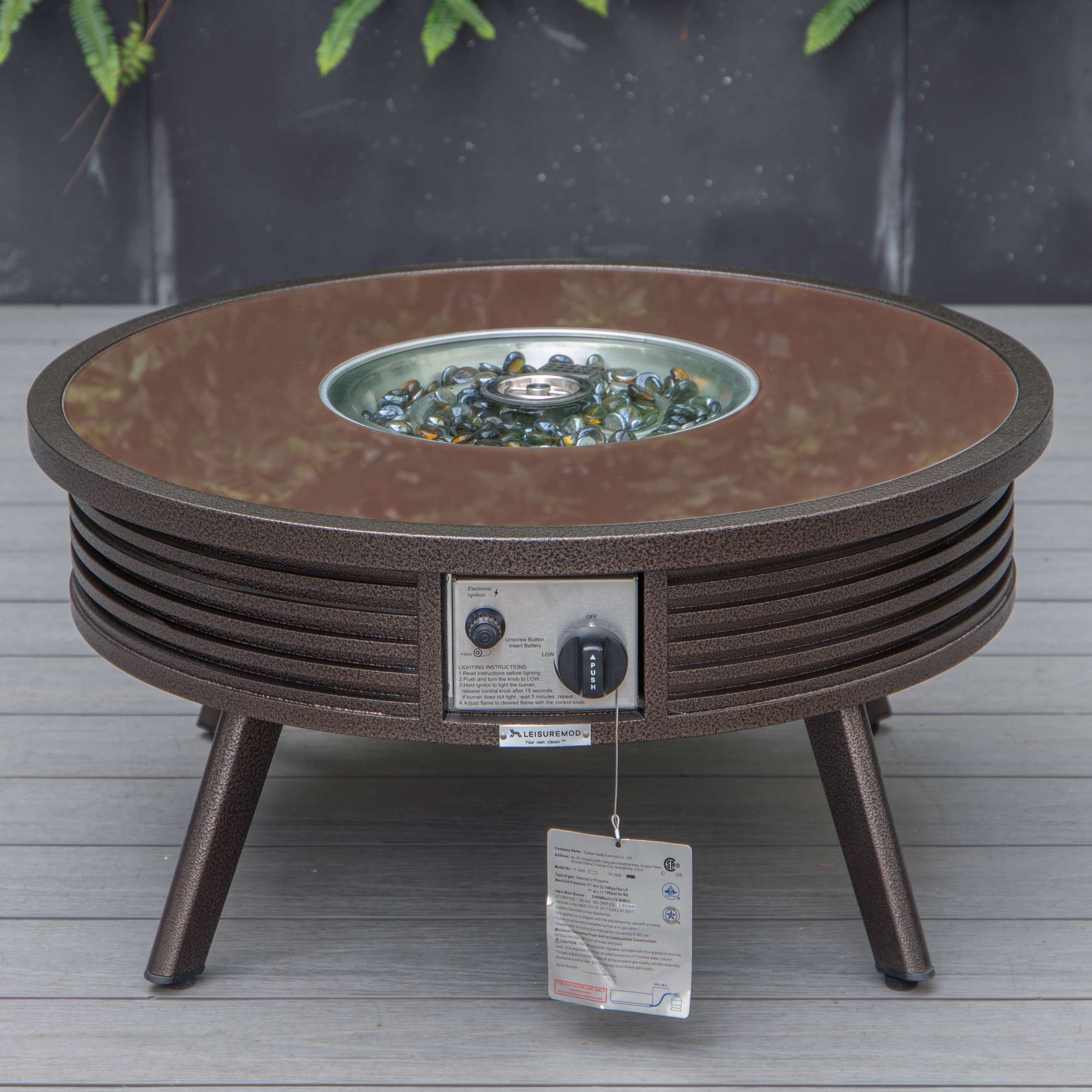 LeisureMod Walbrooke Modern Brown Patio Conversation With Round Fire Pit With Slats Design & Tank Holder - Image 44