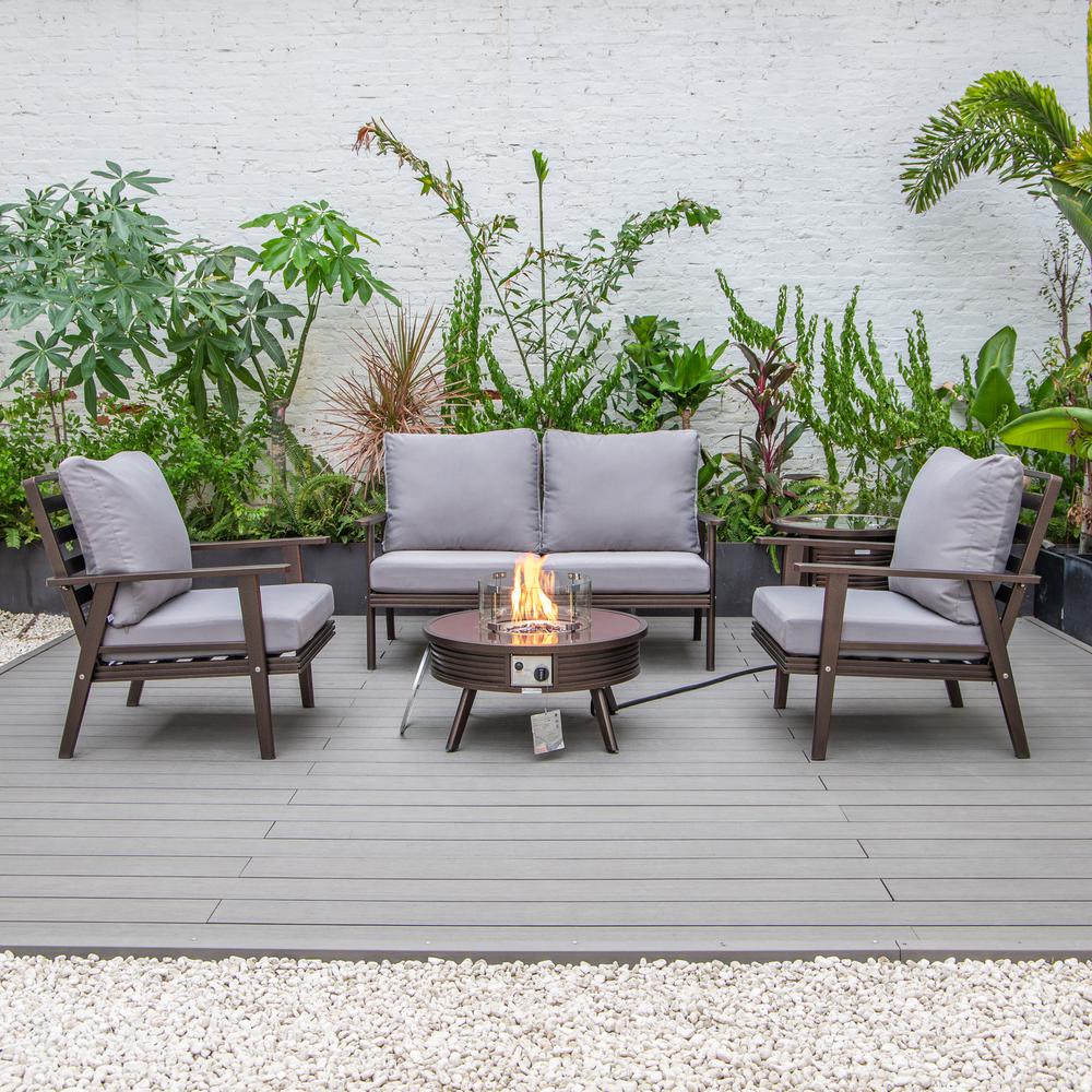 LeisureMod Walbrooke Modern Brown Patio Conversation With Round Fire Pit With Slats Design & Tank Holder - Image 54
