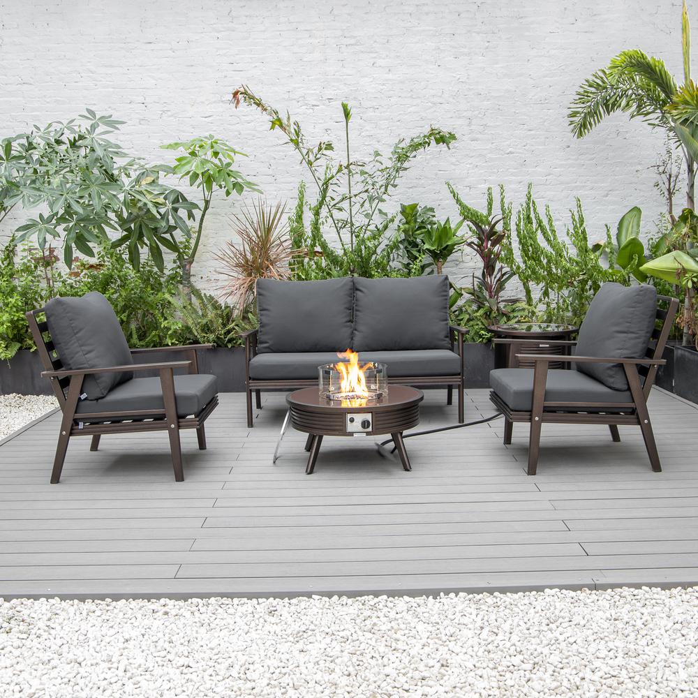 LeisureMod Walbrooke Modern Brown Patio Conversation With Round Fire Pit With Slats Design & Tank Holder - Image 7