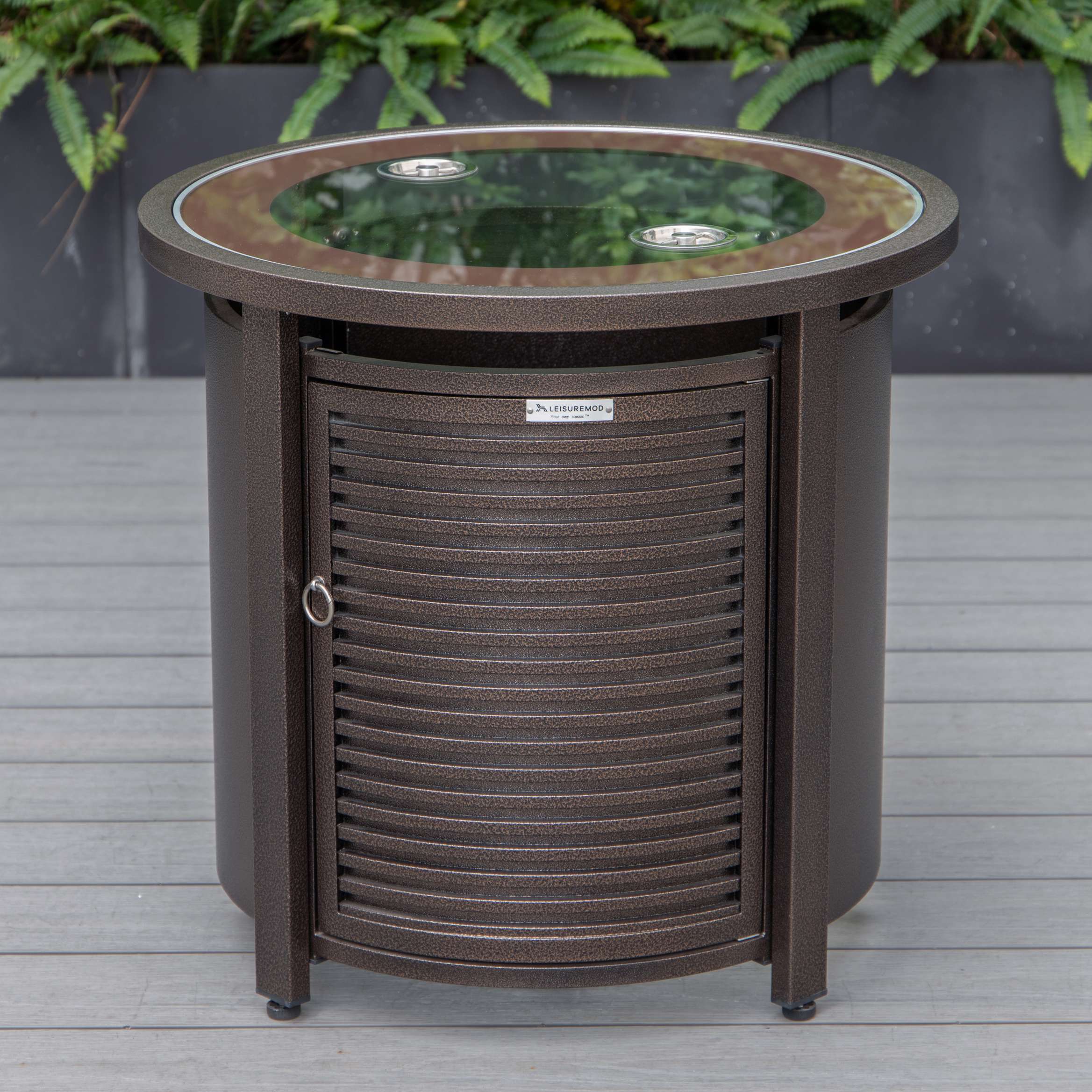 LeisureMod Walbrooke Modern Brown Patio Conversation With Round Fire Pit With Slats Design & Tank Holder - Image 8