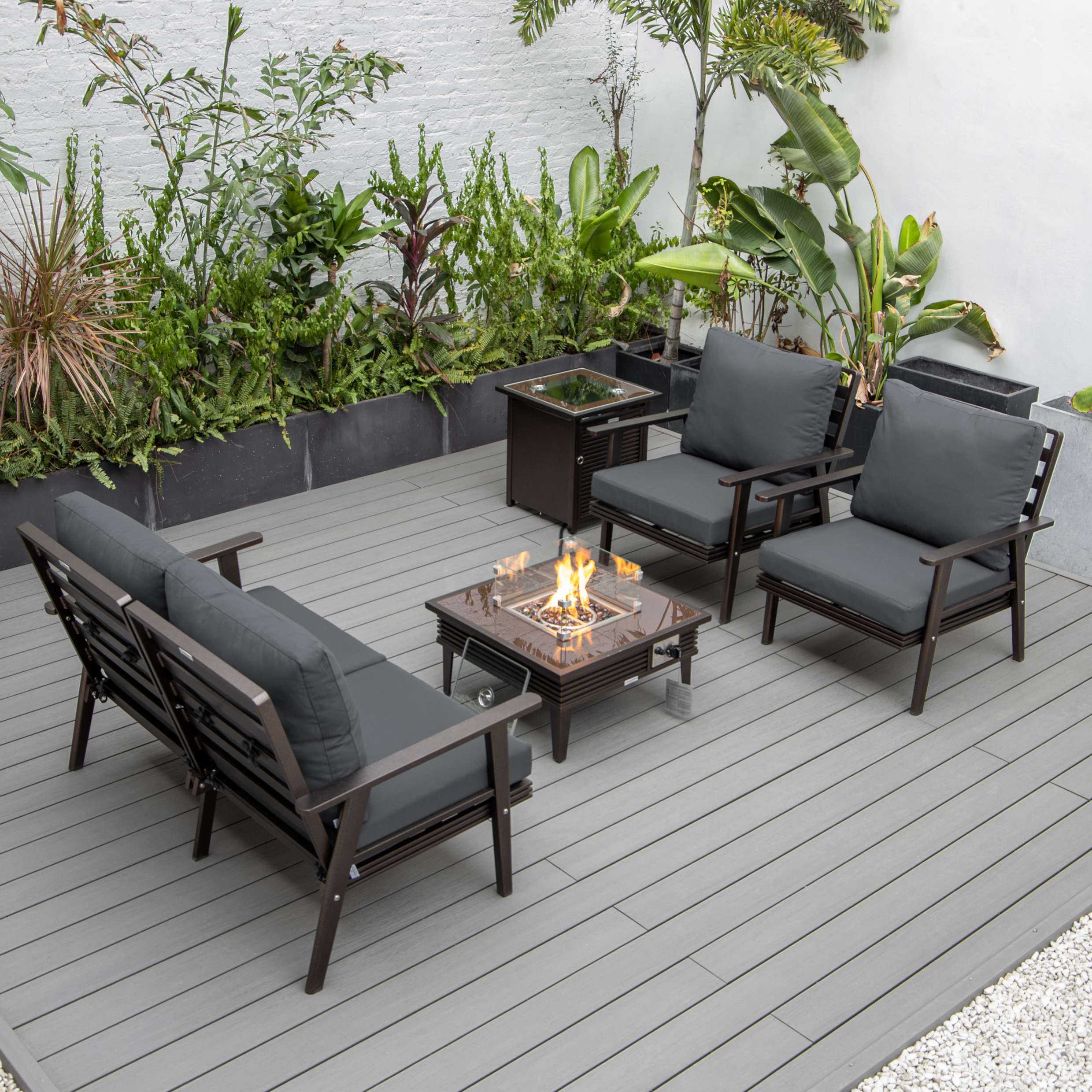 LeisureMod Walbrooke Modern Brown Patio Conversation With Square Fire Pit & Tank Holder - Image 10