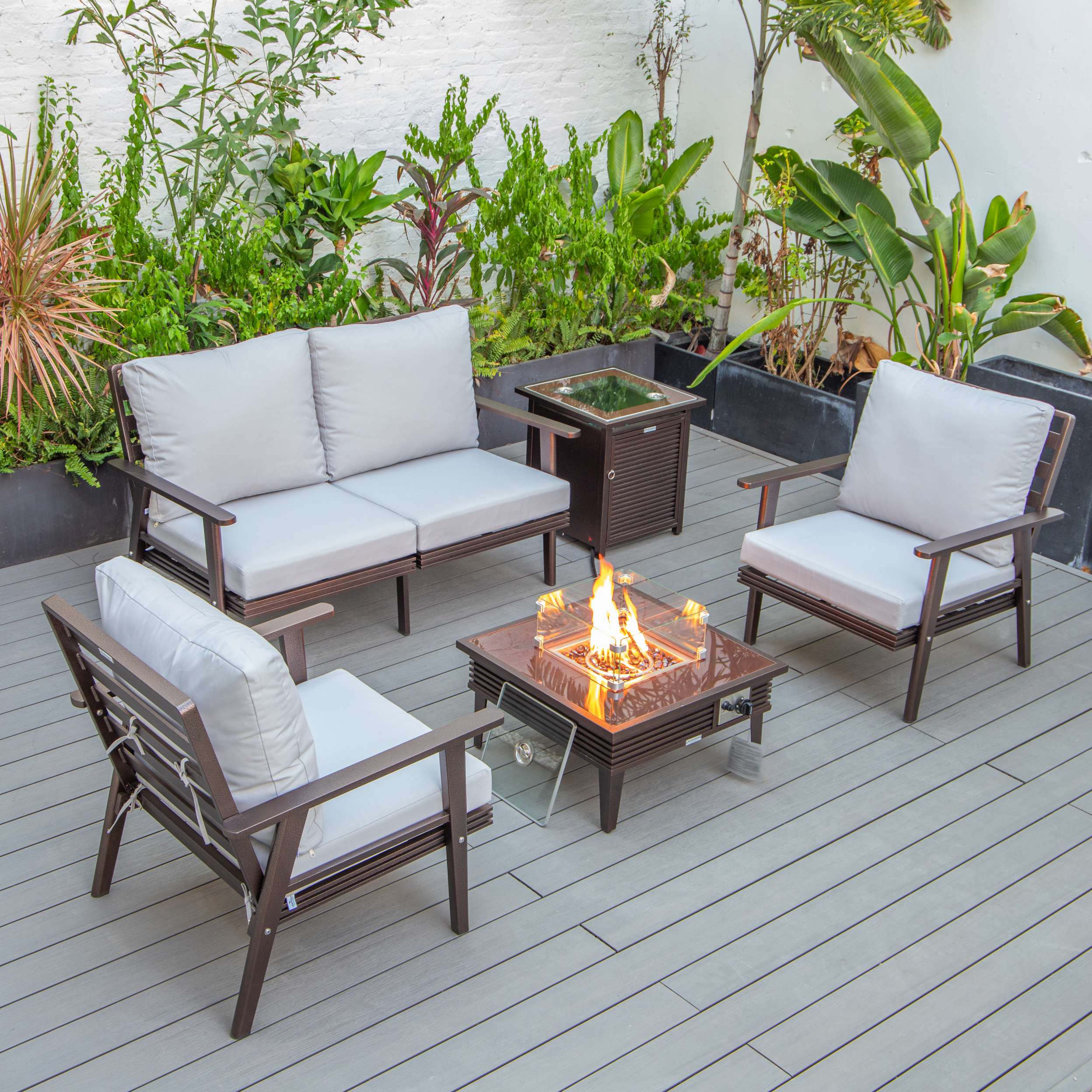 LeisureMod Walbrooke Modern Brown Patio Conversation With Square Fire Pit & Tank Holder - Image 101