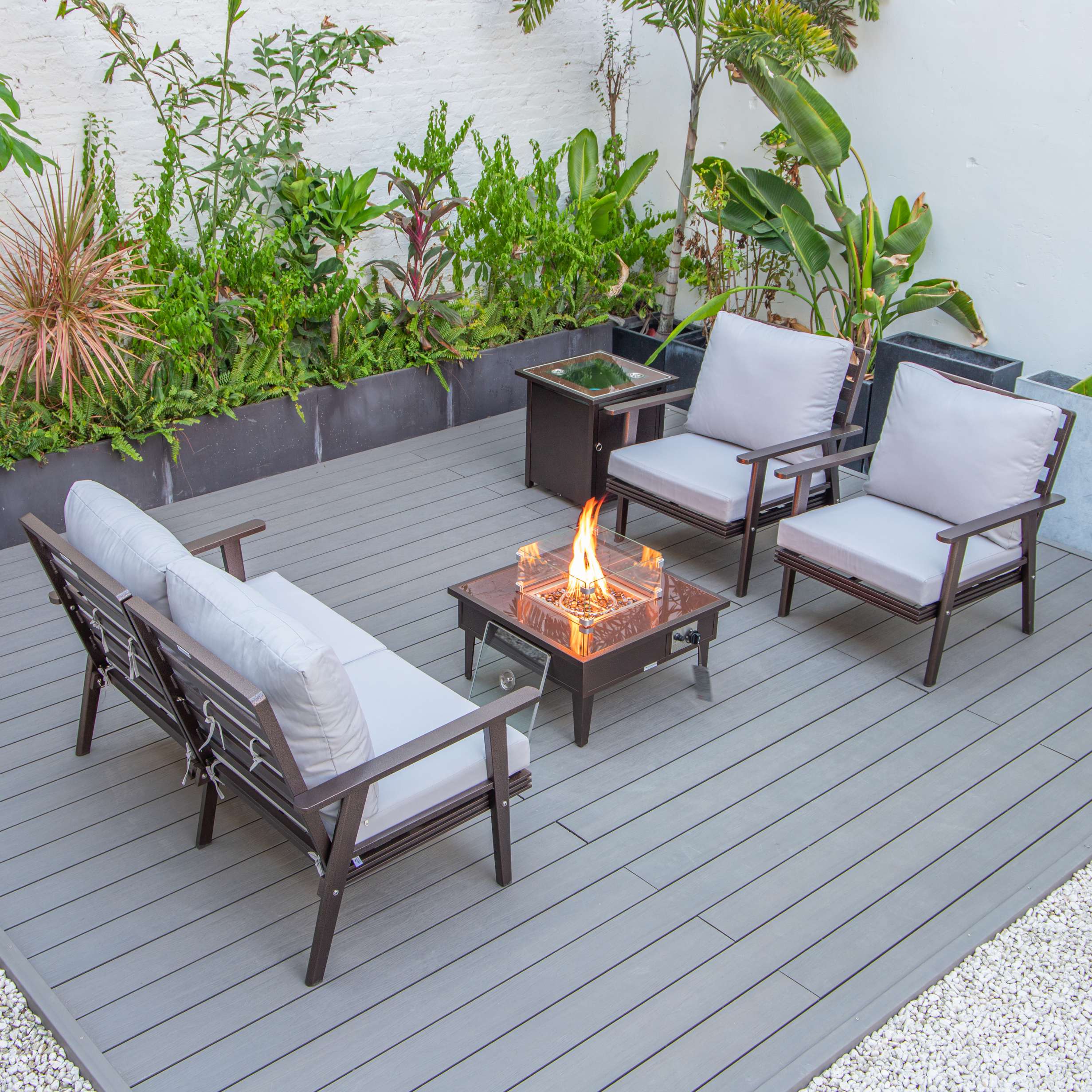 LeisureMod Walbrooke Modern Brown Patio Conversation With Square Fire Pit & Tank Holder - Image 109