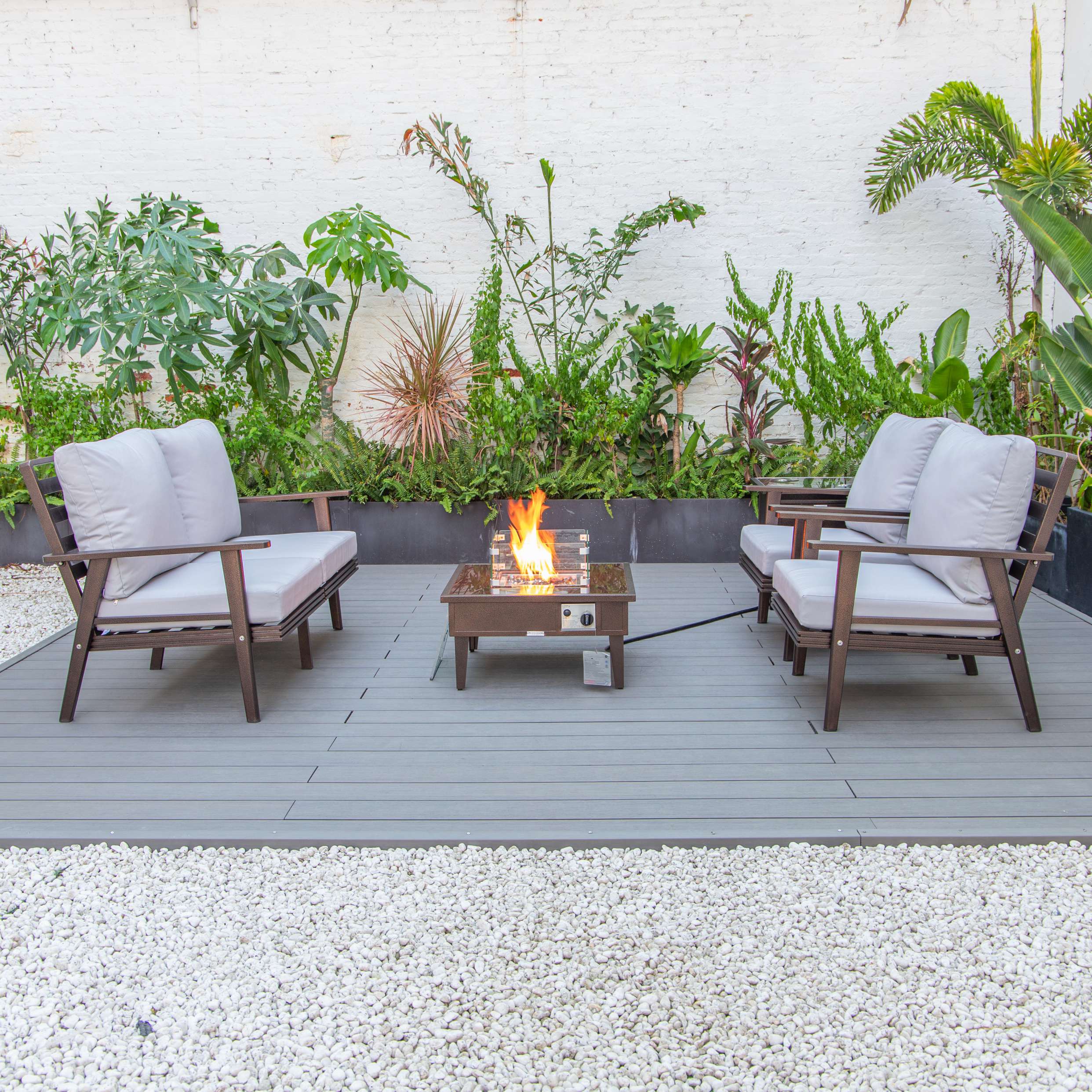LeisureMod Walbrooke Modern Brown Patio Conversation With Square Fire Pit & Tank Holder - Image 111