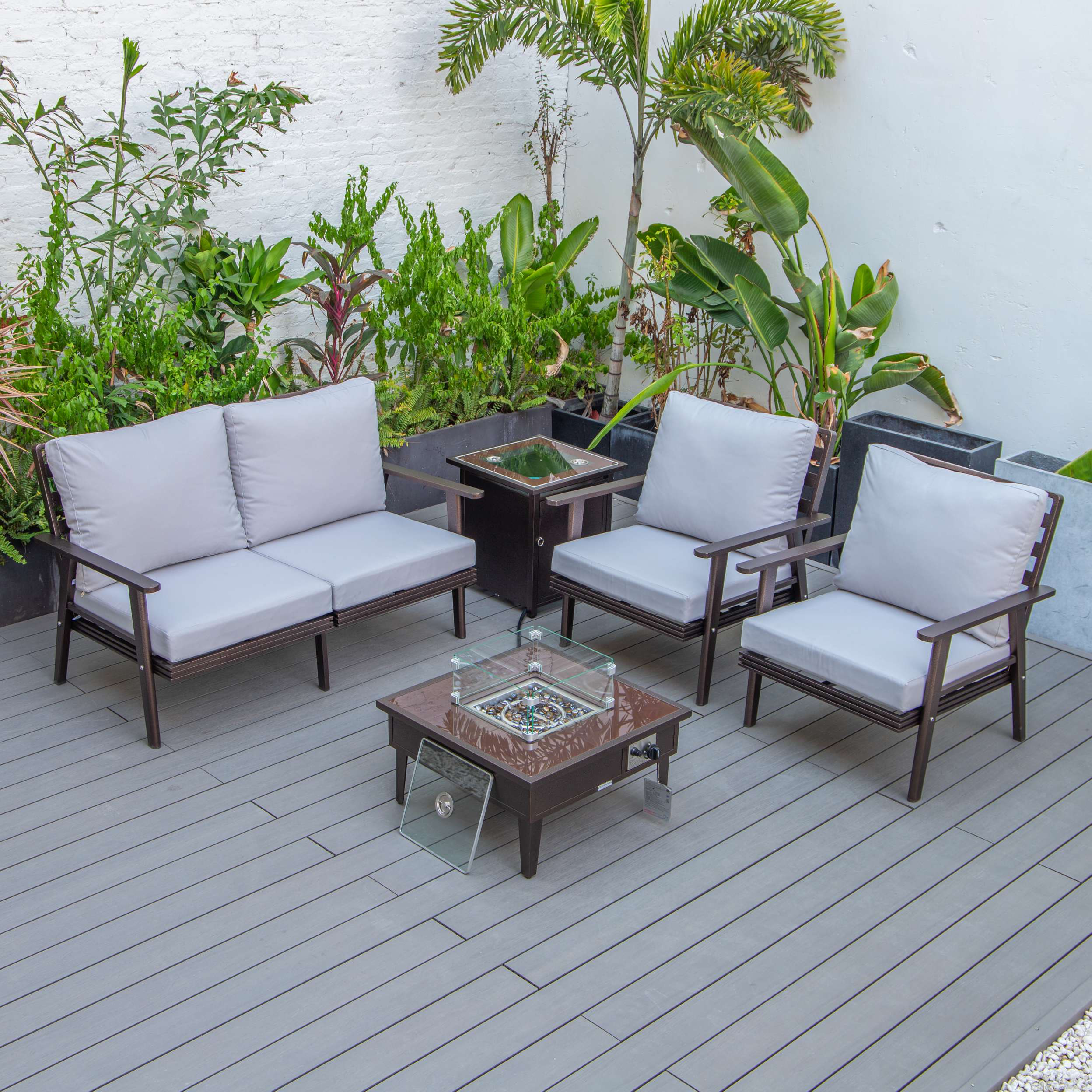 LeisureMod Walbrooke Modern Brown Patio Conversation With Square Fire Pit & Tank Holder - Image 113