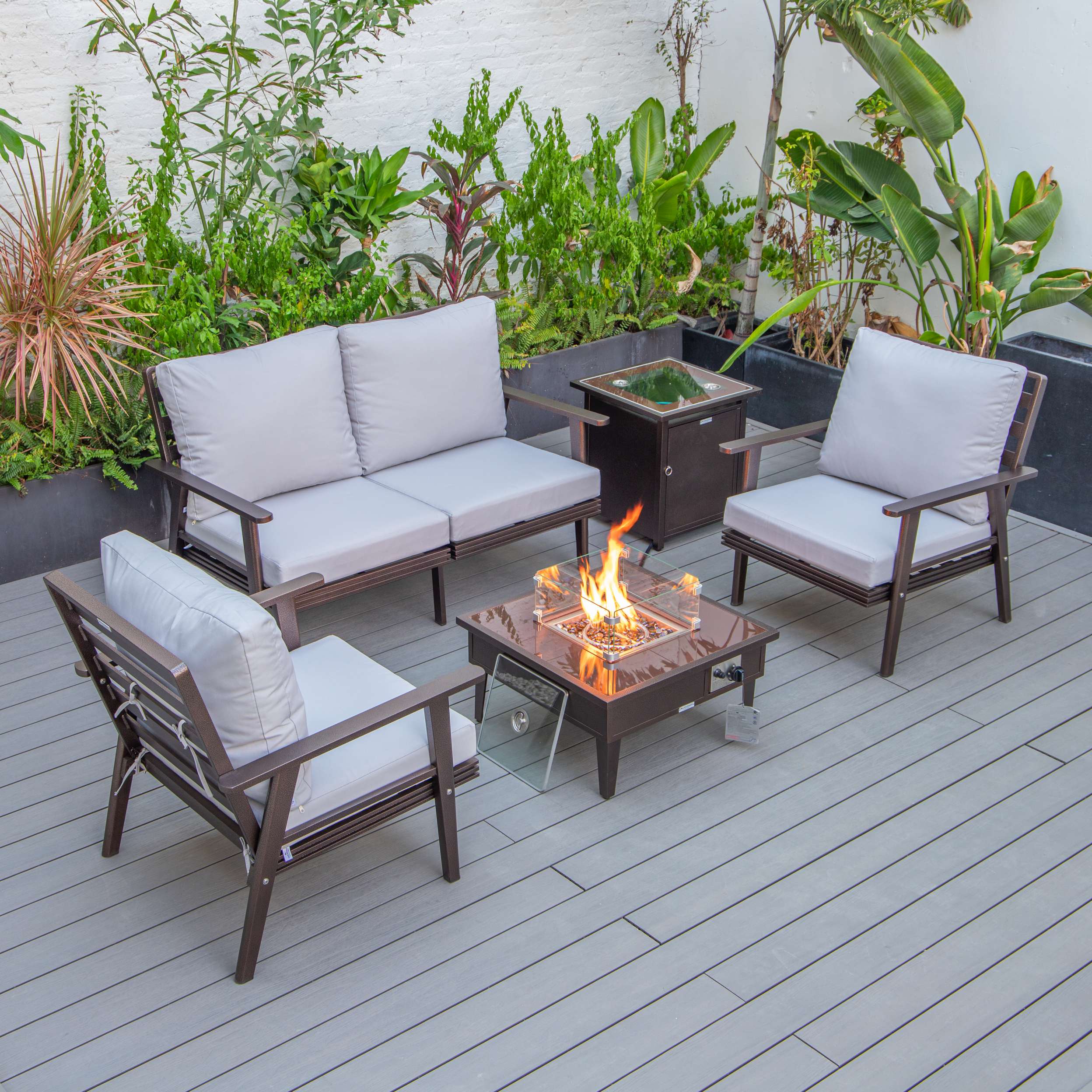 LeisureMod Walbrooke Modern Brown Patio Conversation With Square Fire Pit & Tank Holder - Image 115