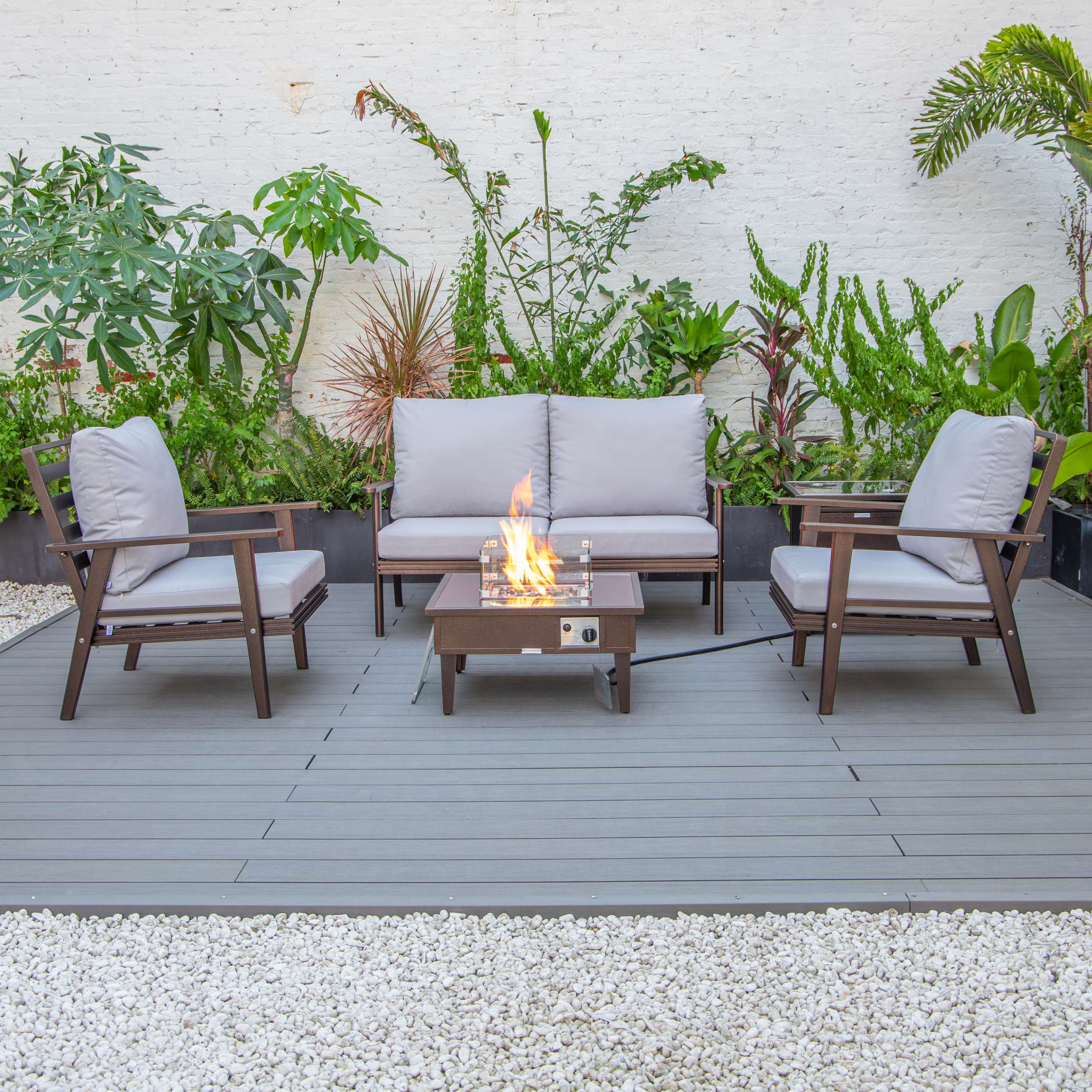LeisureMod Walbrooke Modern Brown Patio Conversation With Square Fire Pit & Tank Holder - Image 117