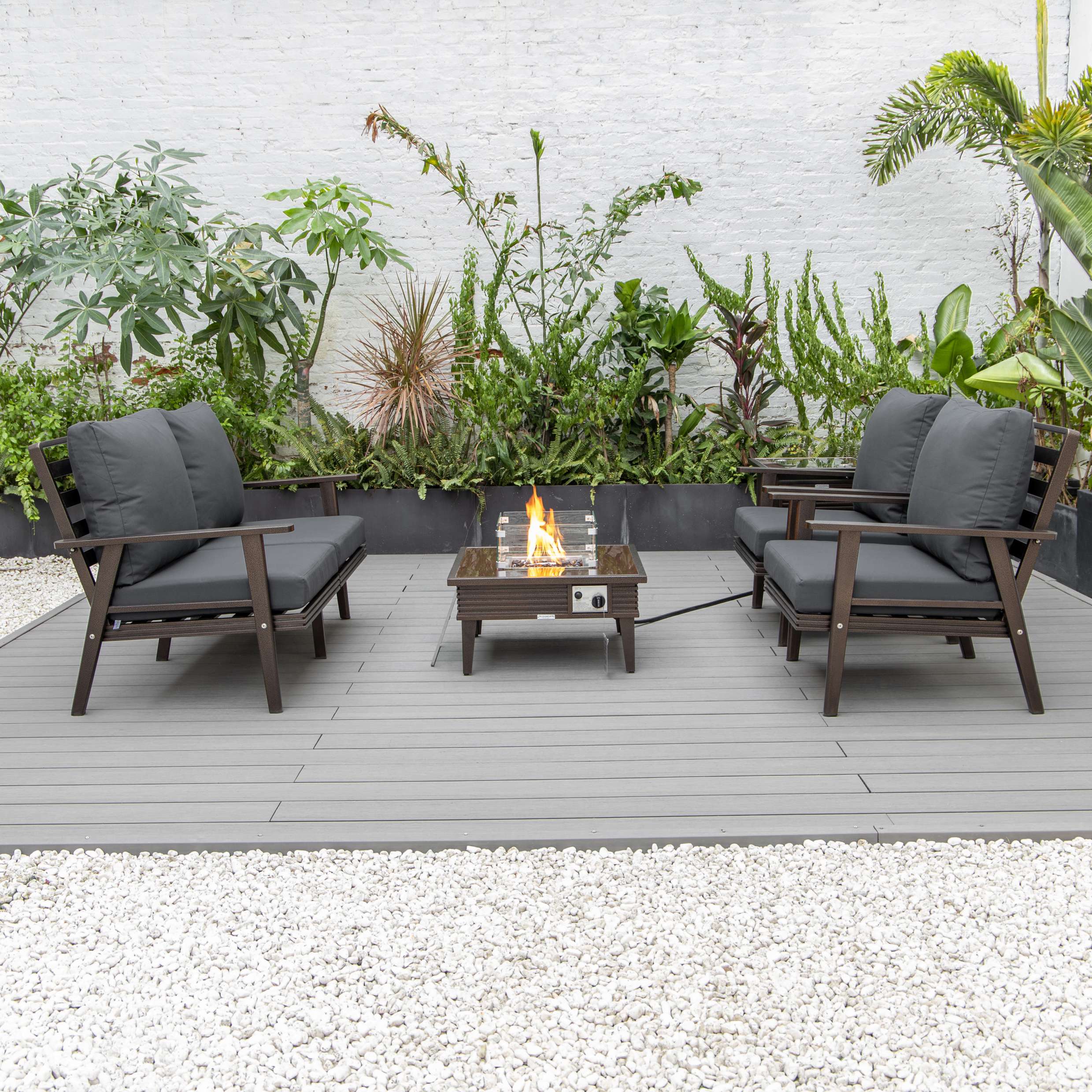 LeisureMod Walbrooke Modern Brown Patio Conversation With Square Fire Pit & Tank Holder - Image 13