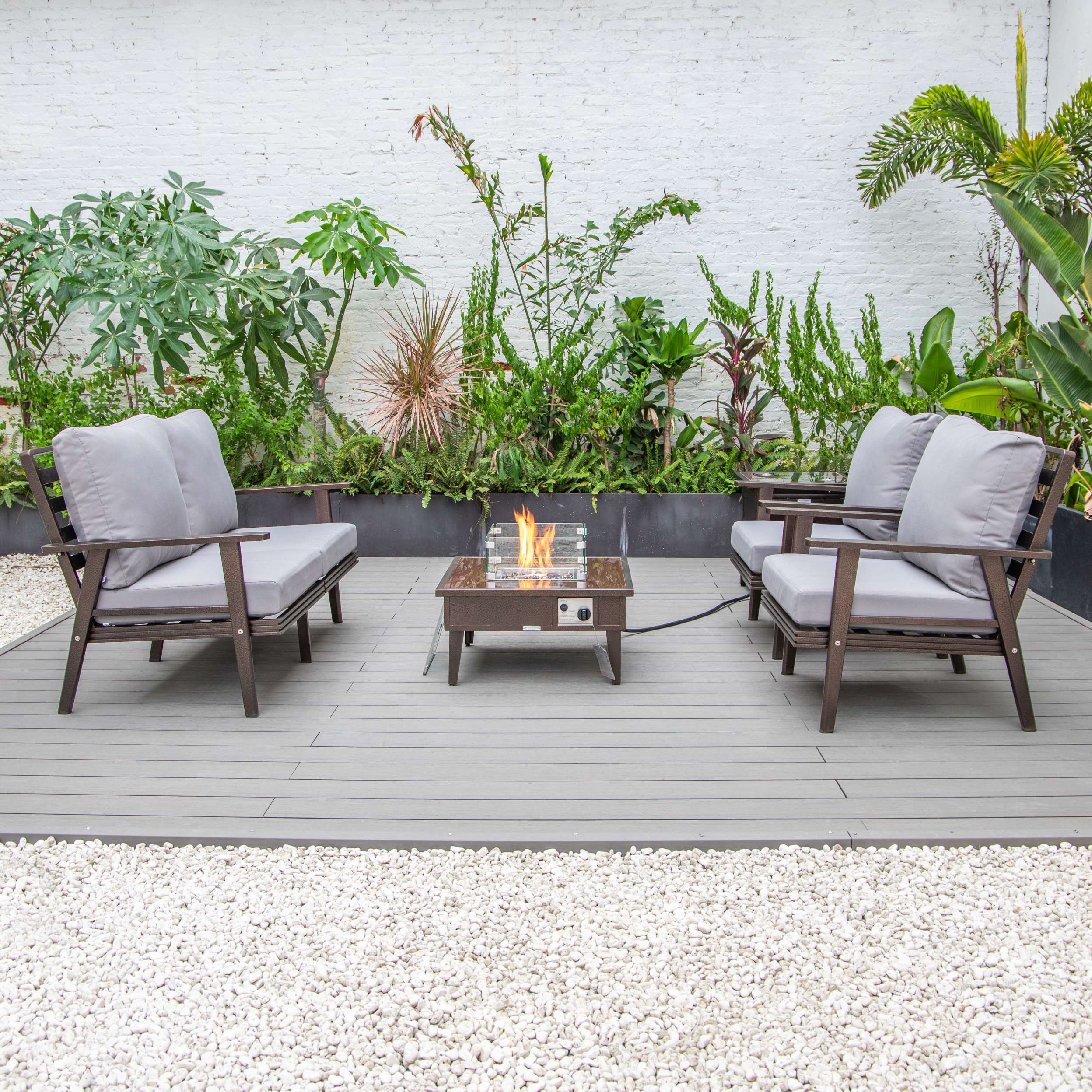 LeisureMod Walbrooke Modern Brown Patio Conversation With Square Fire Pit & Tank Holder - Image 137
