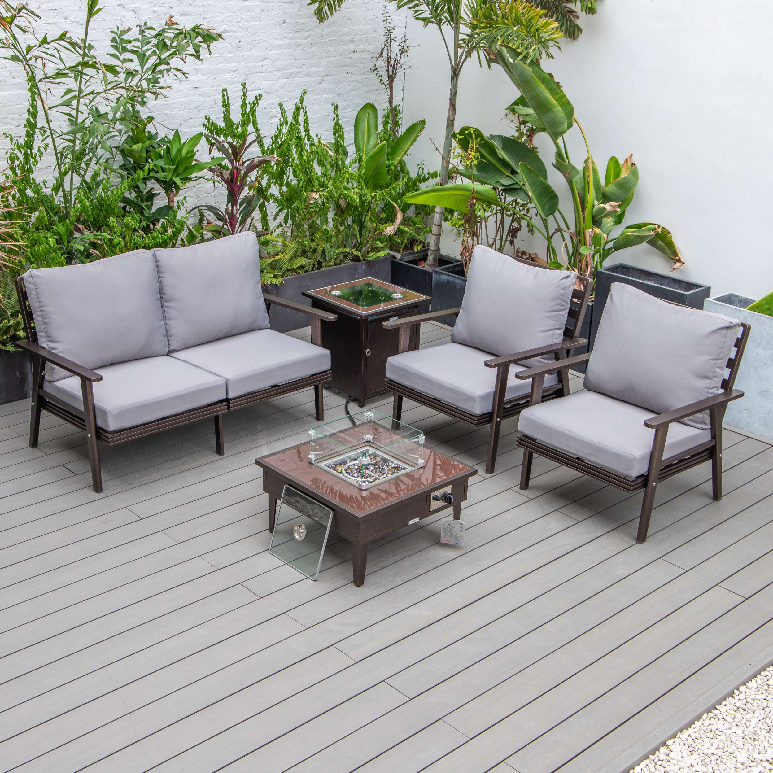 LeisureMod Walbrooke Modern Brown Patio Conversation With Square Fire Pit & Tank Holder - Image 138