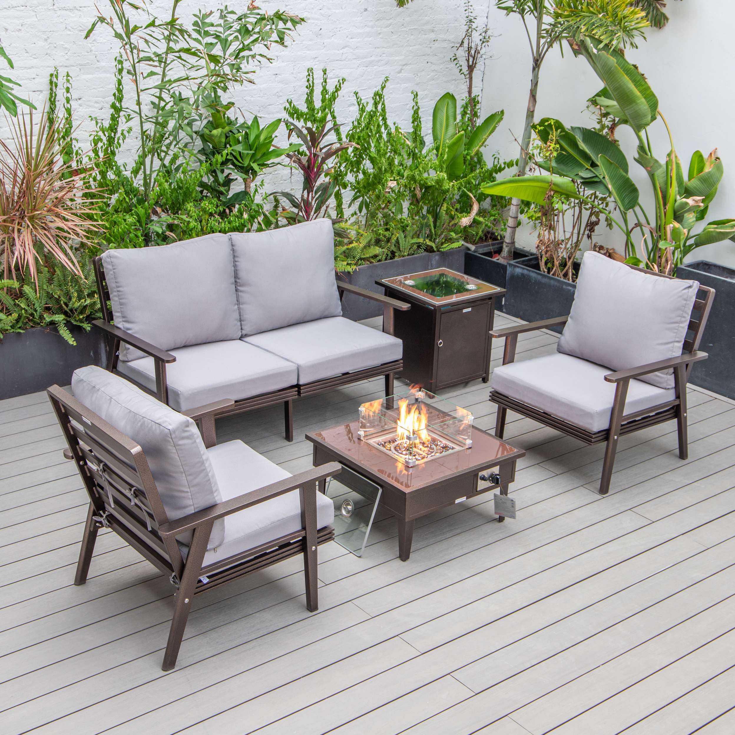 LeisureMod Walbrooke Modern Brown Patio Conversation With Square Fire Pit & Tank Holder - Image 139
