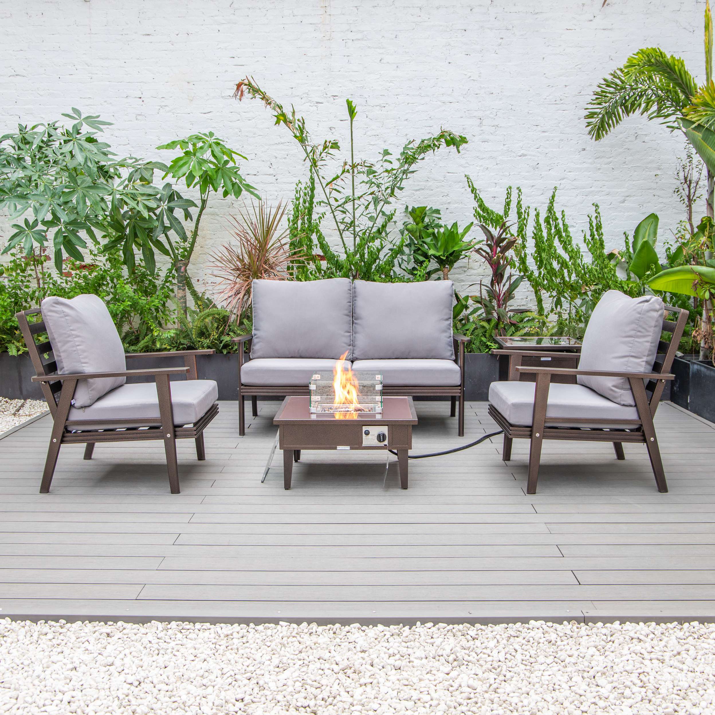 LeisureMod Walbrooke Modern Brown Patio Conversation With Square Fire Pit & Tank Holder - Image 140
