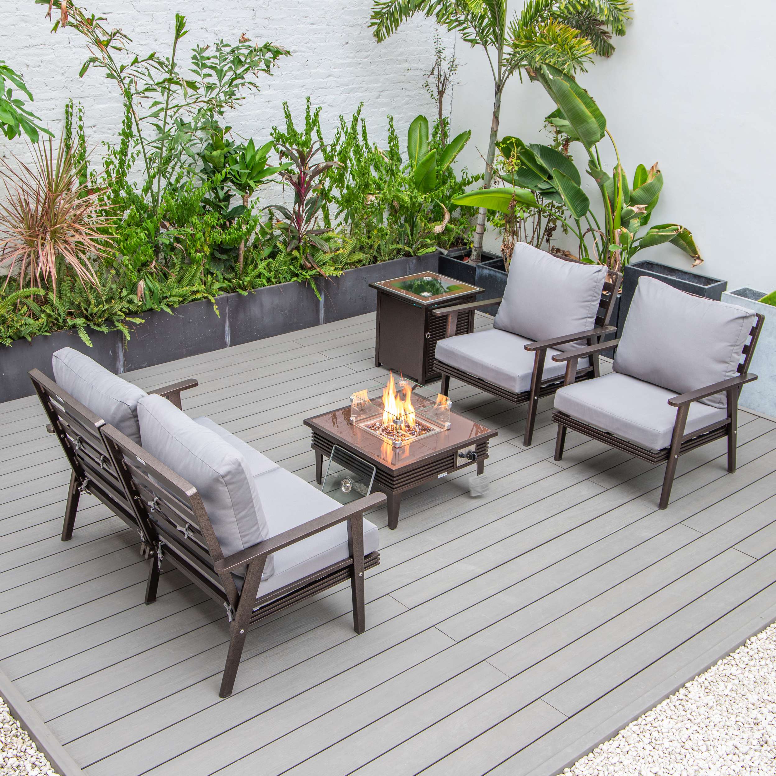 LeisureMod Walbrooke Modern Brown Patio Conversation With Square Fire Pit & Tank Holder - Image 141