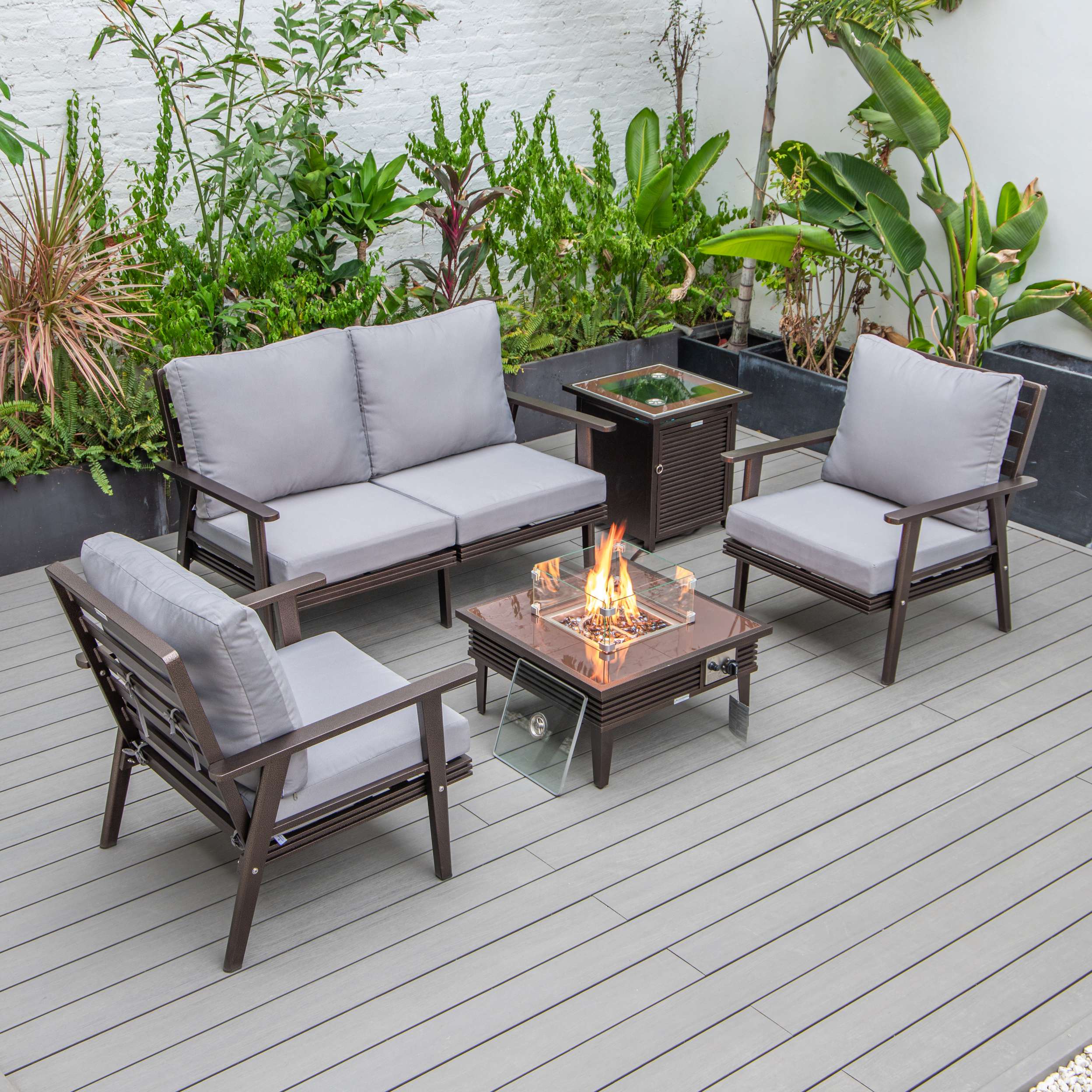LeisureMod Walbrooke Modern Brown Patio Conversation With Square Fire Pit & Tank Holder - Image 144