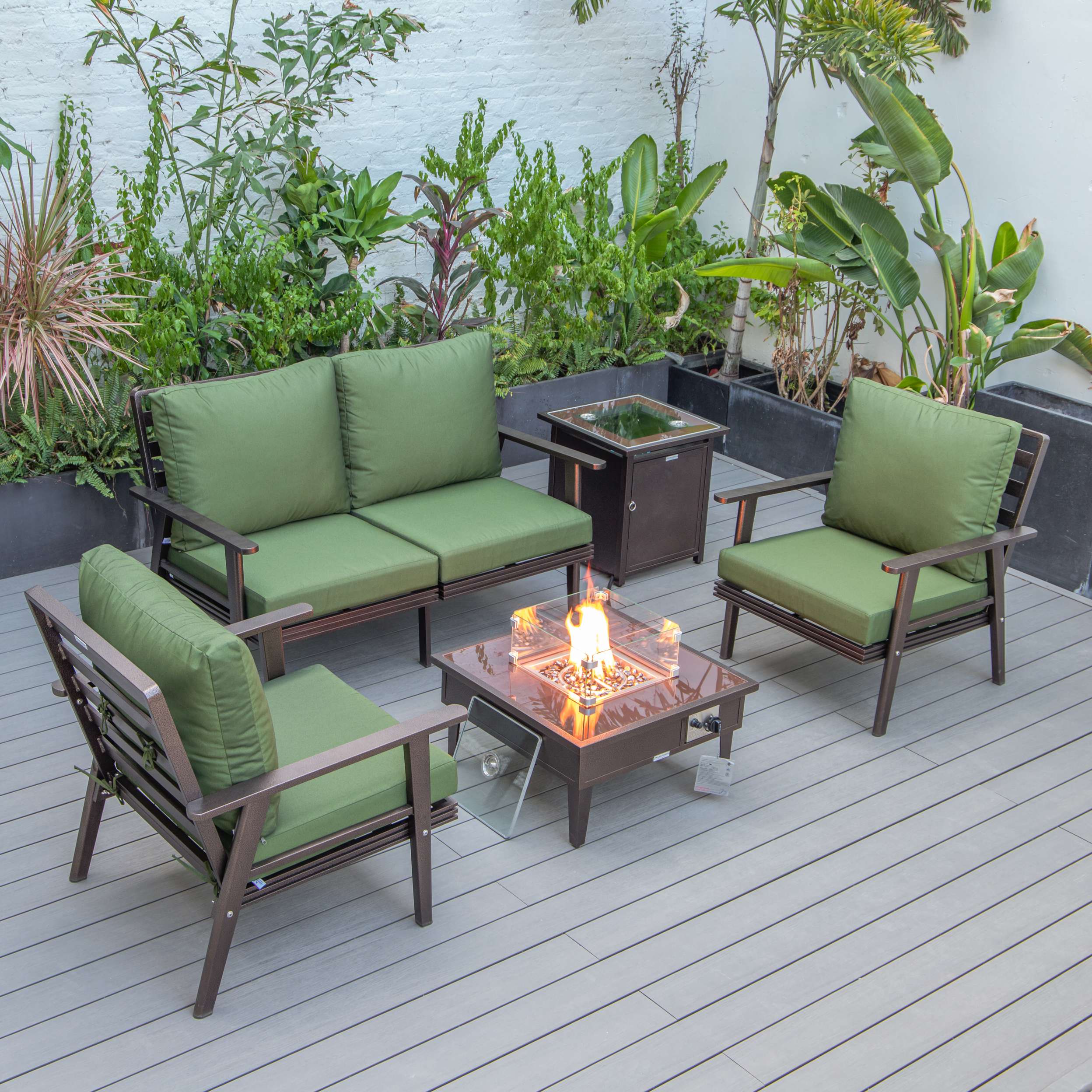 LeisureMod Walbrooke Modern Brown Patio Conversation With Square Fire Pit & Tank Holder - Image 149