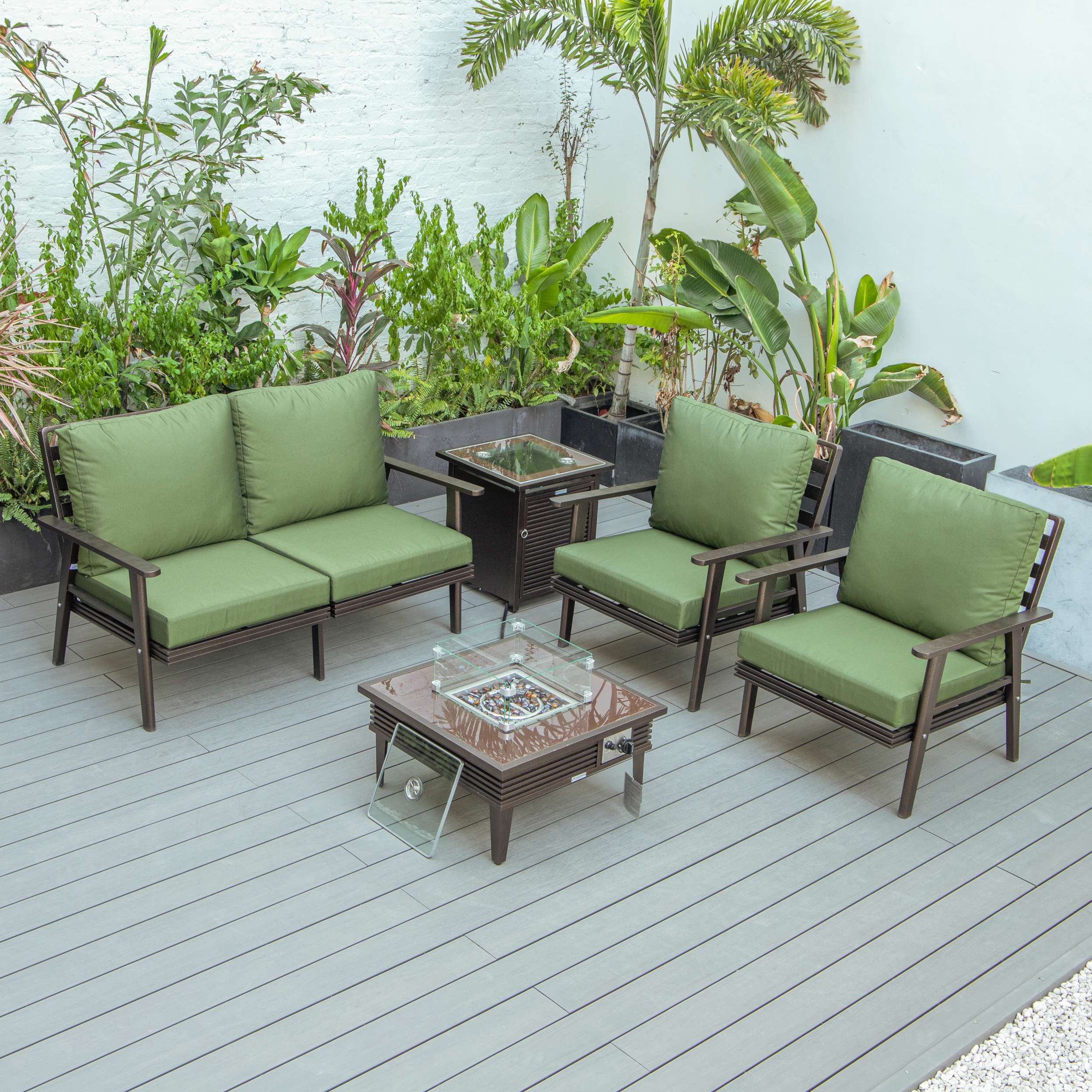 LeisureMod Walbrooke Modern Brown Patio Conversation With Square Fire Pit & Tank Holder - Image 153